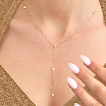 14K Gold Bezel Drop Chain, Diamond Y Necklace, Lab Grown Round Cut Diamonds