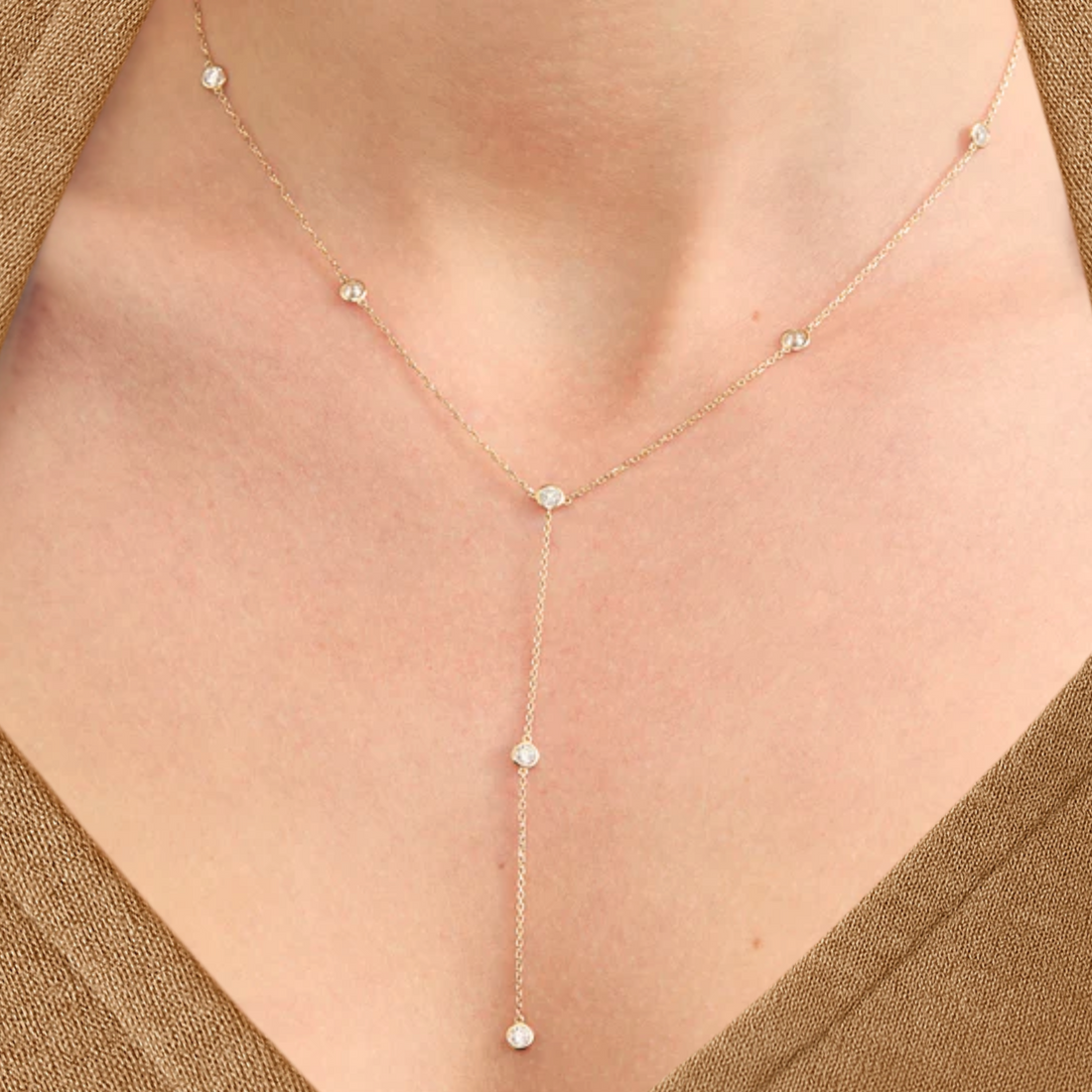 14K Gold Bezel Drop Chain, Diamond Y Necklace, Lab Grown Round Cut Diamonds