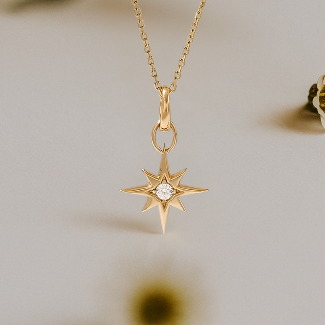 14k Solid Gold Star Pendant, Diamond North Star Necklace | Unique Celestial Pendant Necklace