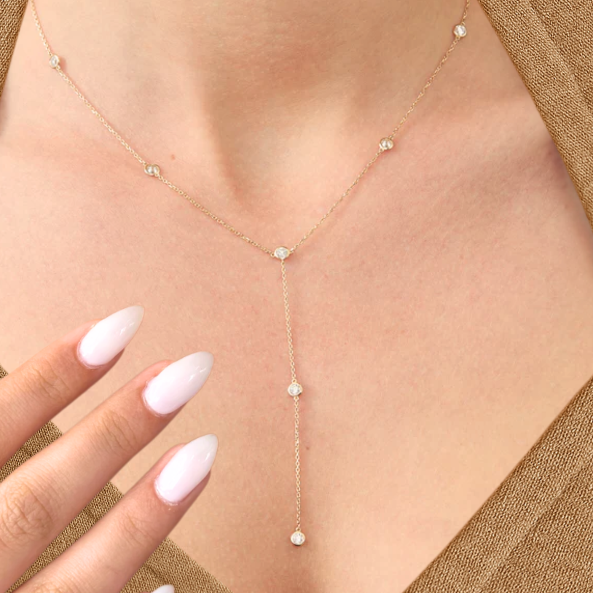 14K Gold Bezel Drop Chain, Diamond Y Necklace, Dainty Elegant Pendant