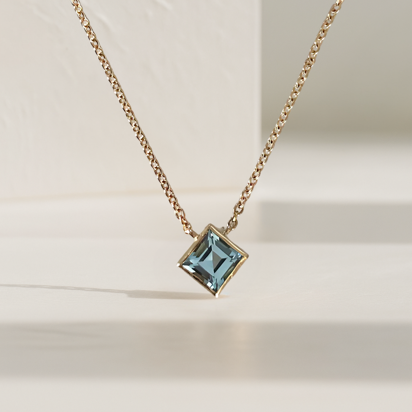 London Blue Topaz Necklace, 14k Gold Asscher Cut Bezel Set London Blue Topaz Pendant