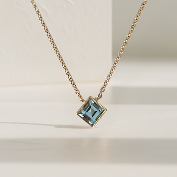 London Blue Topaz Necklace, 14k Gold Asscher Cut Bezel Set London Blue Topaz Pendant