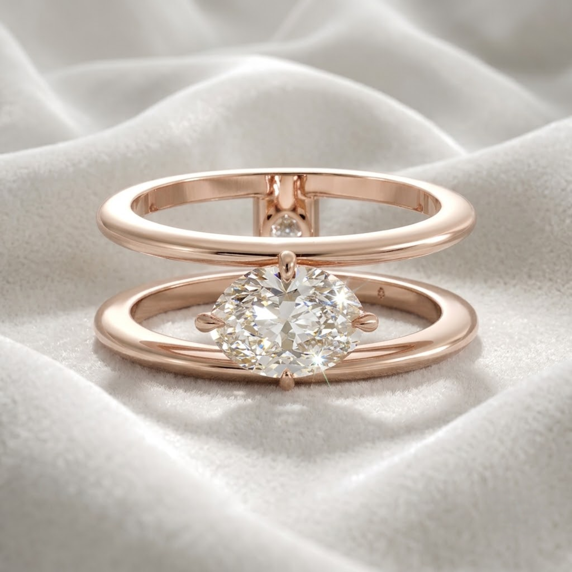 14K Solid White Gold Stacking Double Band Engagement Ring