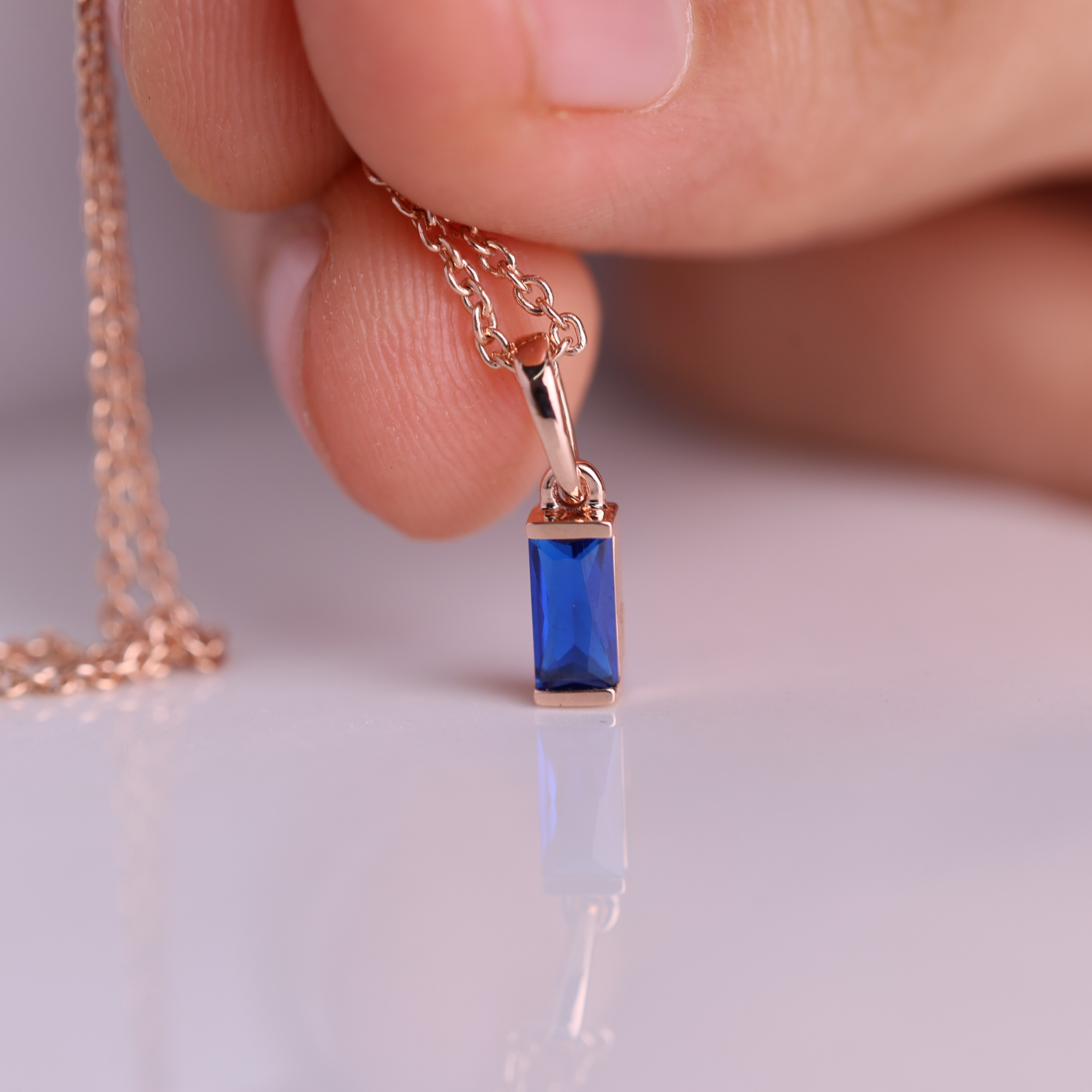 14K Blue Sapphire Pendant Solid Gold Baguette Sapphire Necklace