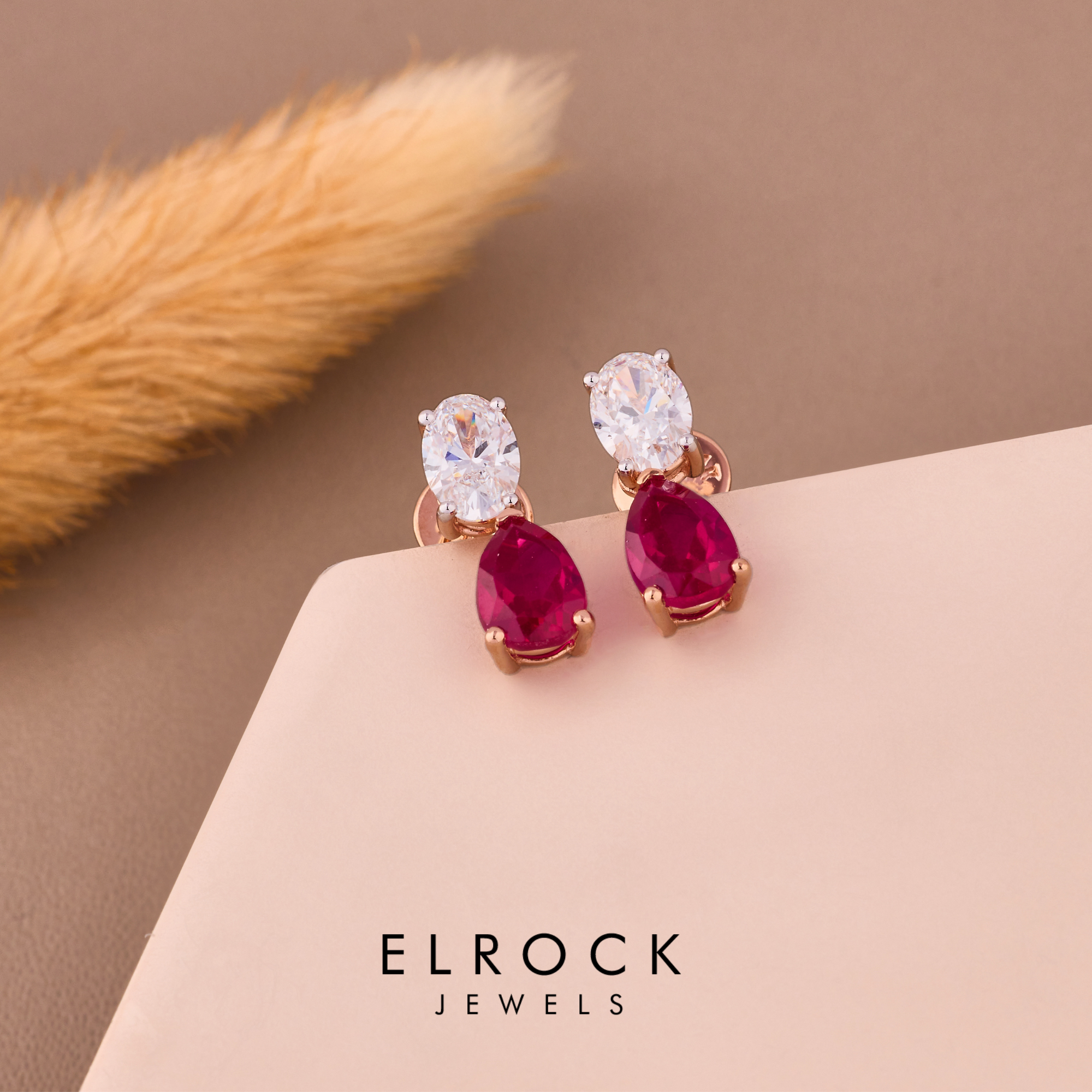 14K Gold Diamond Teardrop Ruby Stud July Birthstone Earrings