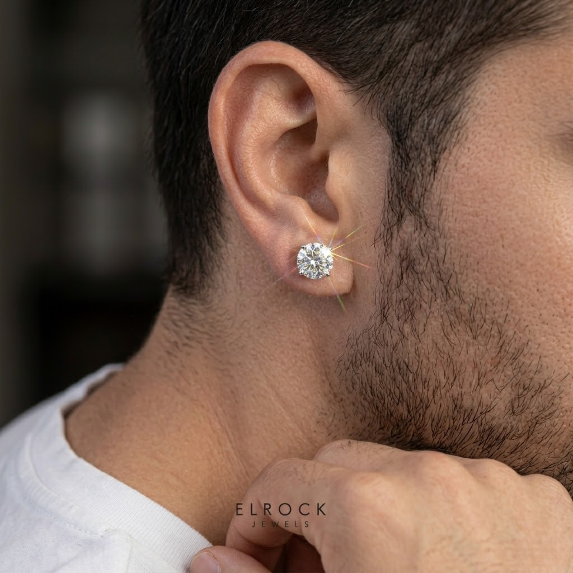14K White Gold Men's Stud Lab Diamond Earrings Studs for Men