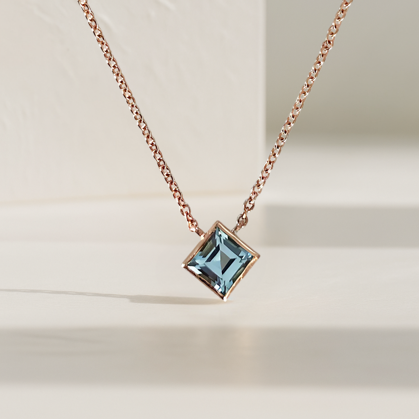 14K Gold Asscher Cut Bezel Set London Blue Topaz Pendant