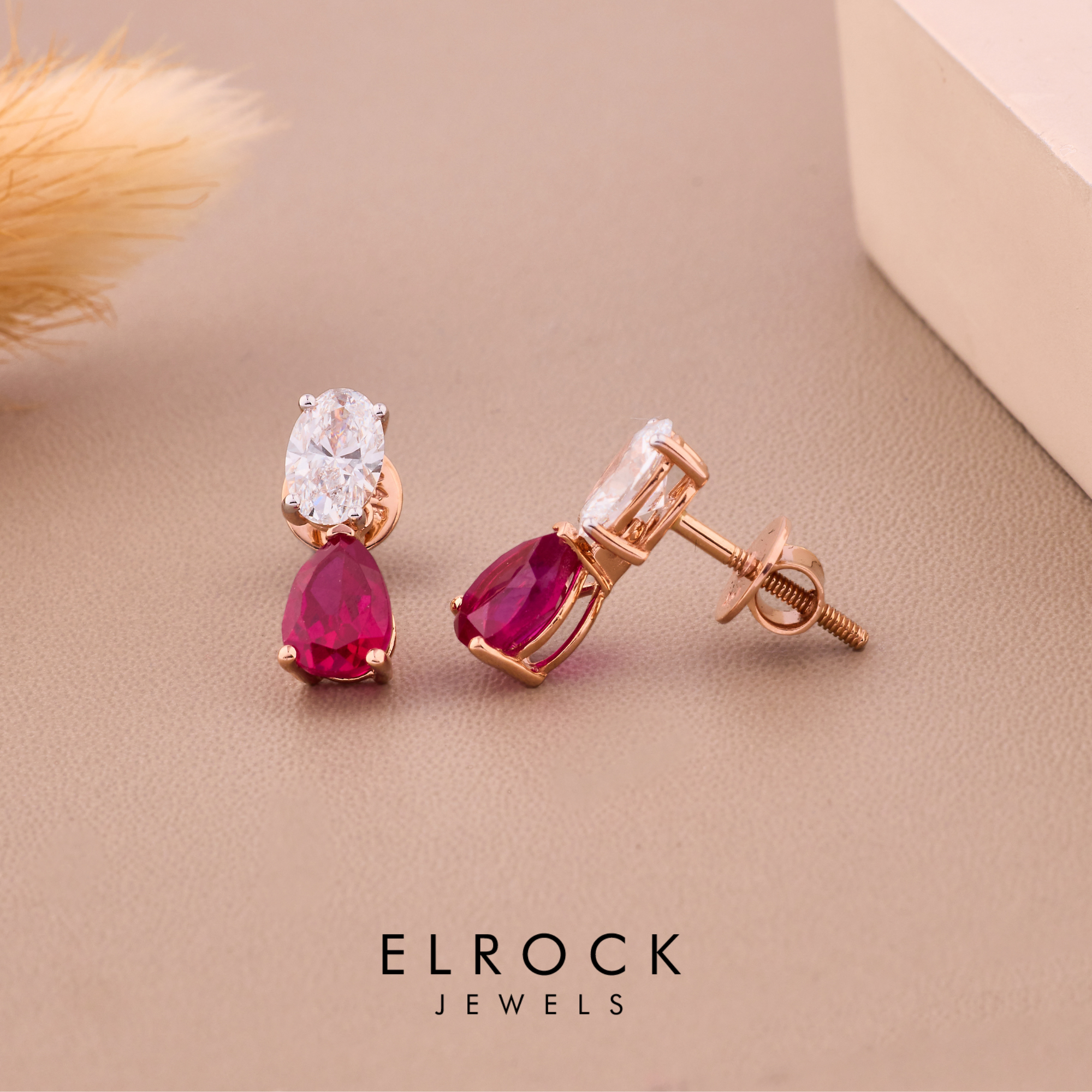 14K Gold Diamond Teardrop Ruby Stud July Birthstone Earrings