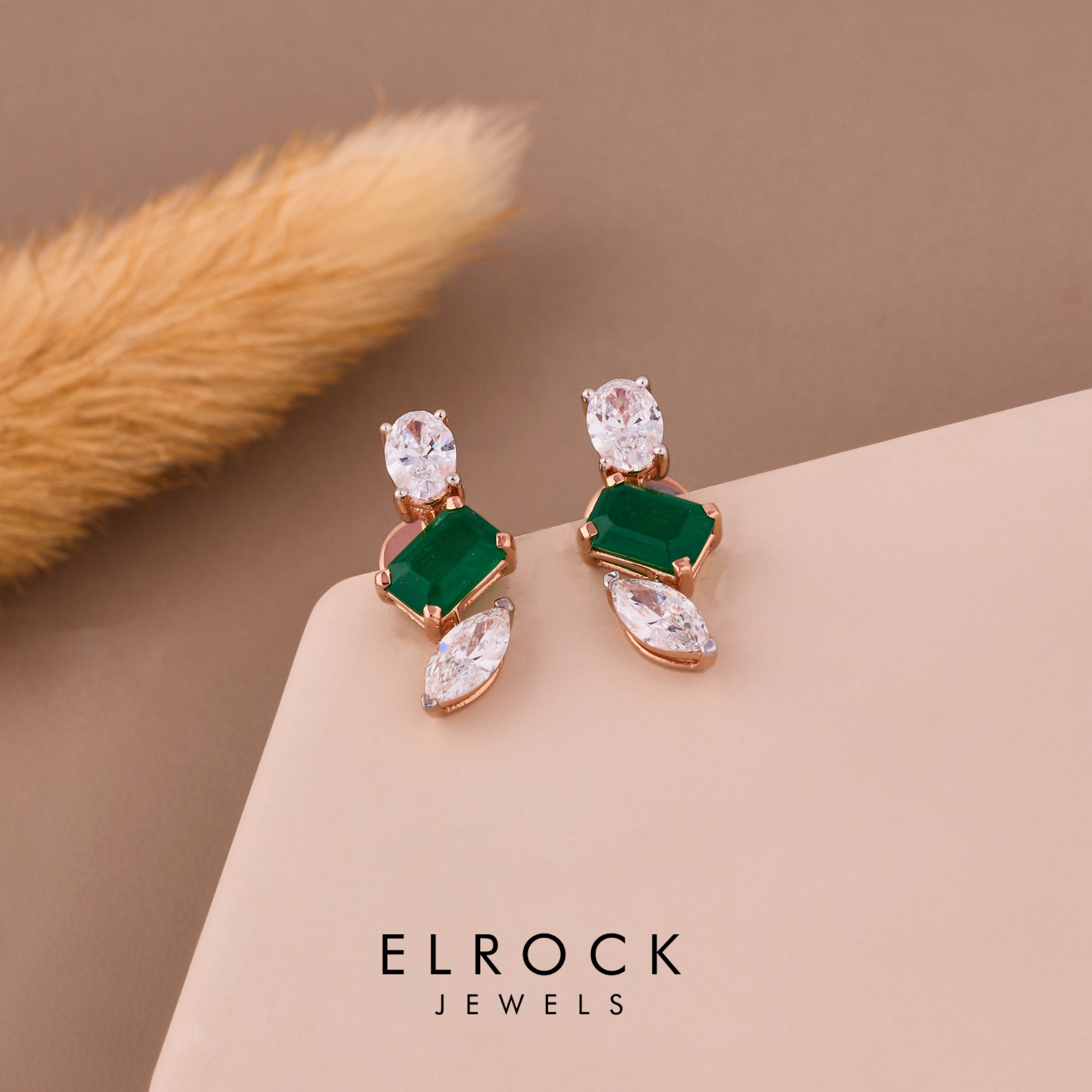14K Solid Gold Emerald Green Gemstone Drop Studs Earrings.