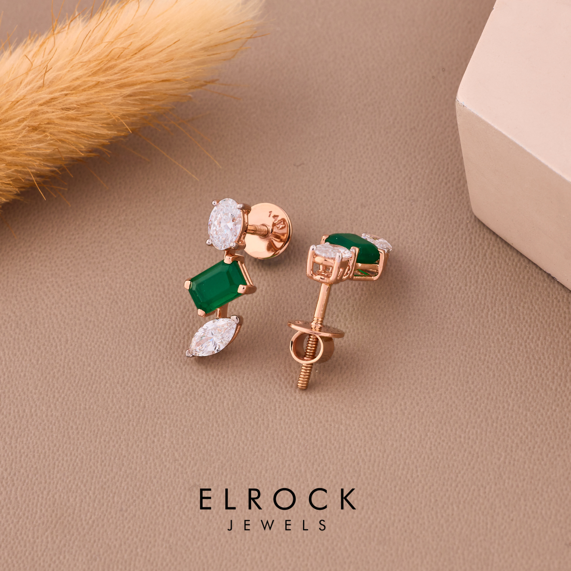 14K Solid Gold Emerald Green Gemstone Drop Studs Earrings.