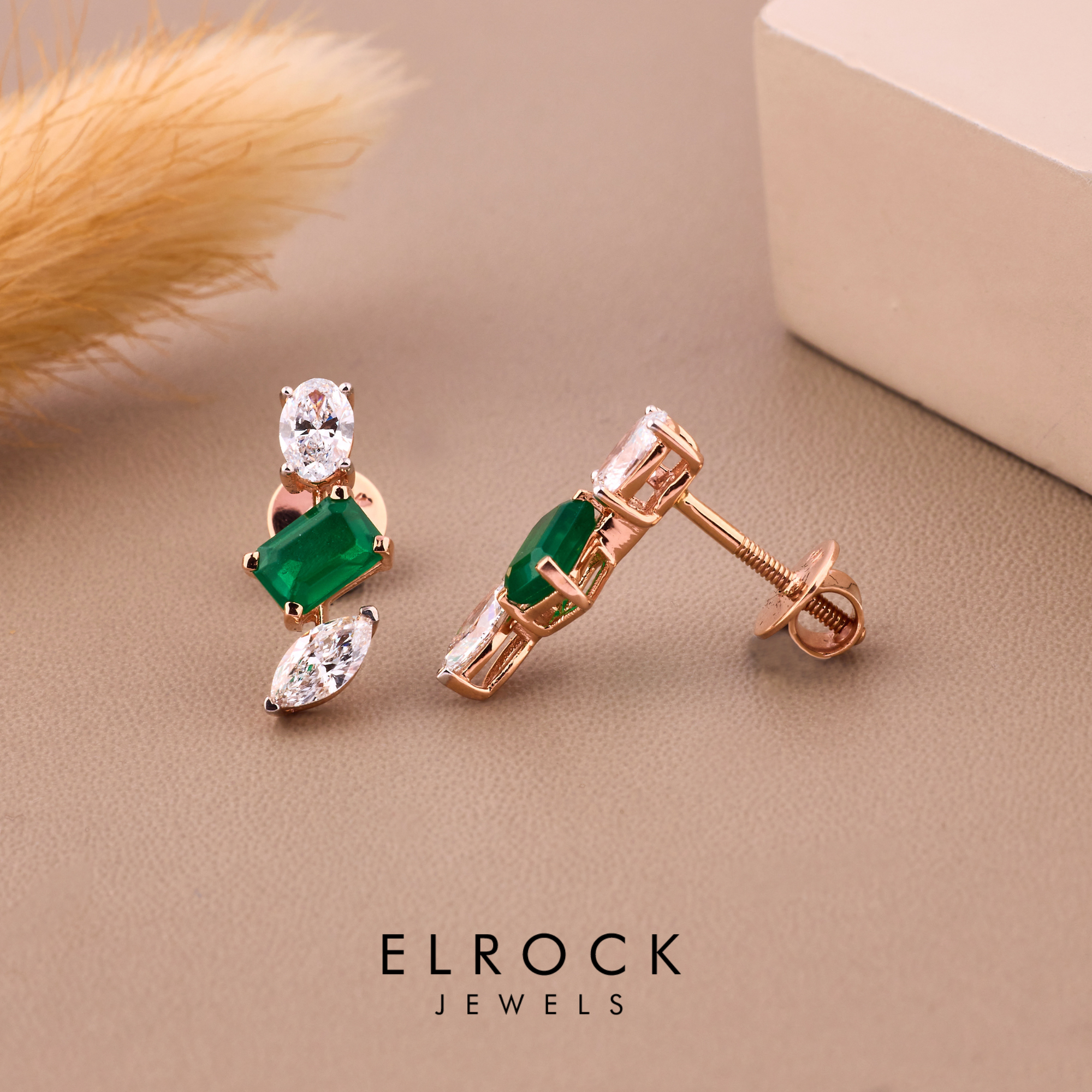 14K Solid Gold Emerald Green Gemstone Drop Studs Earrings.
