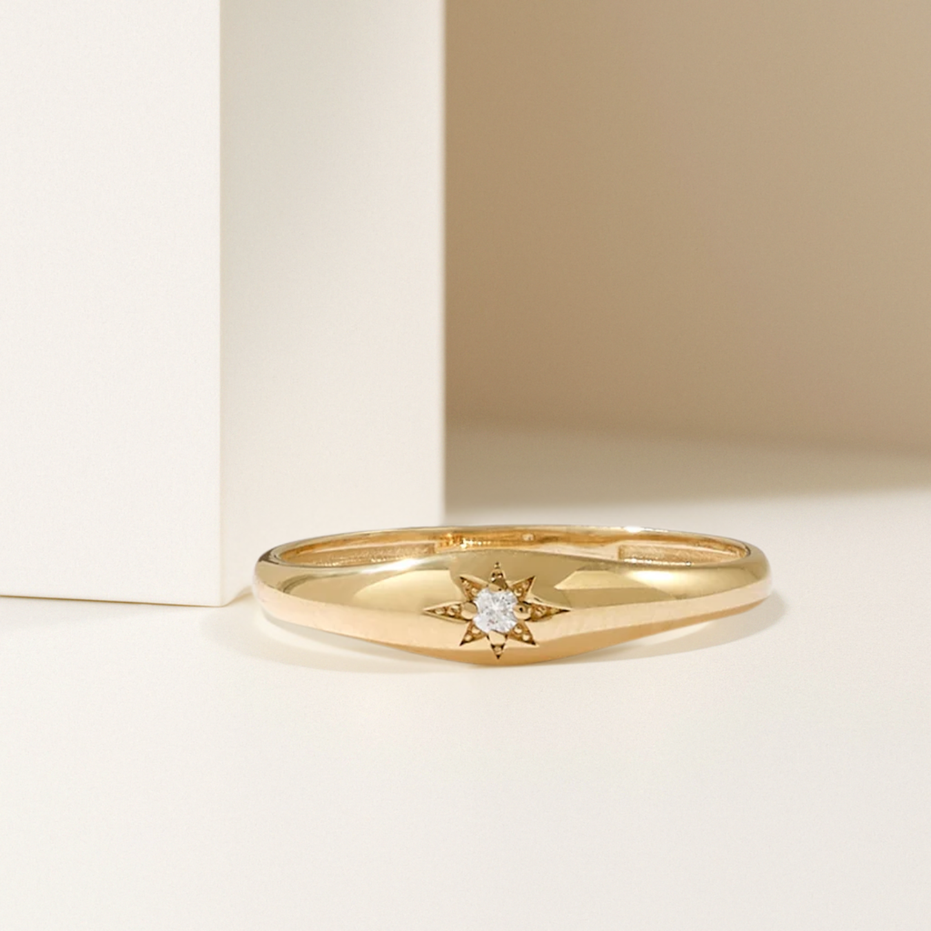 14K Solid Gold Star Signet Ring with Diamond, Dainty Stackable Rings