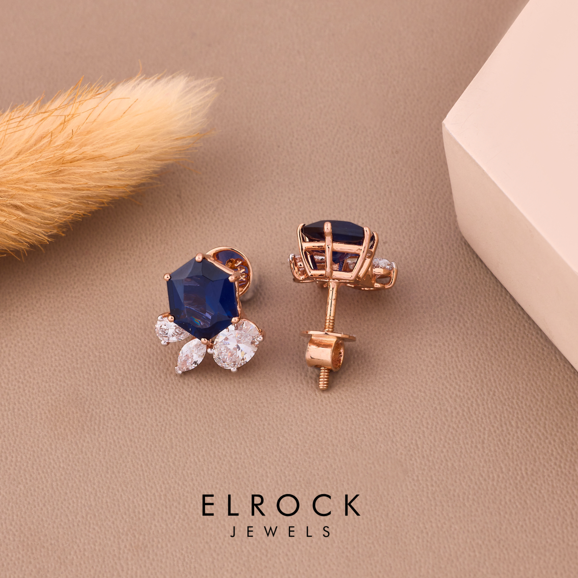 Hexagon Cut  Birthstone Blue Sapphire Earrings 