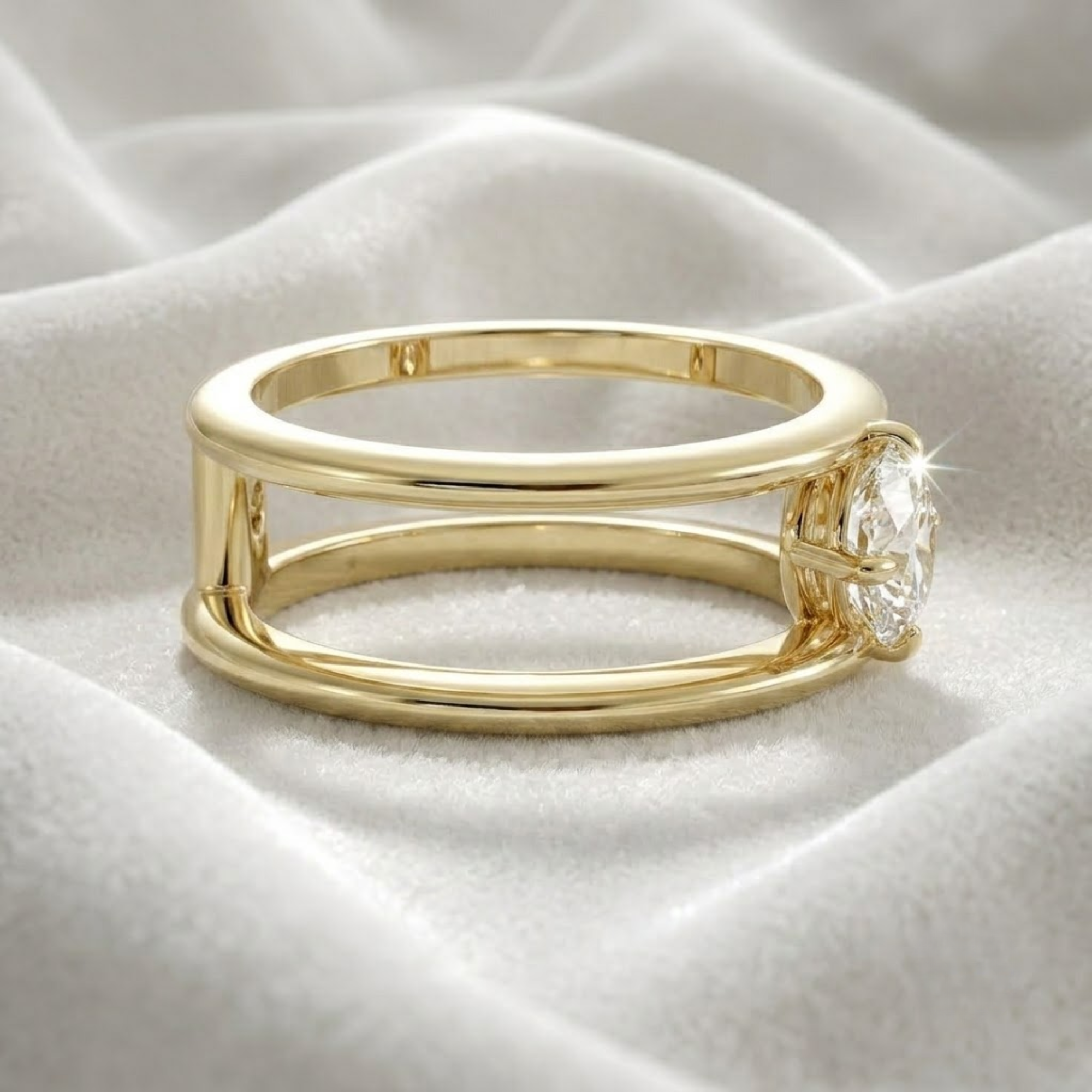 14K Solid White Gold Stacking Double Band Engagement Ring