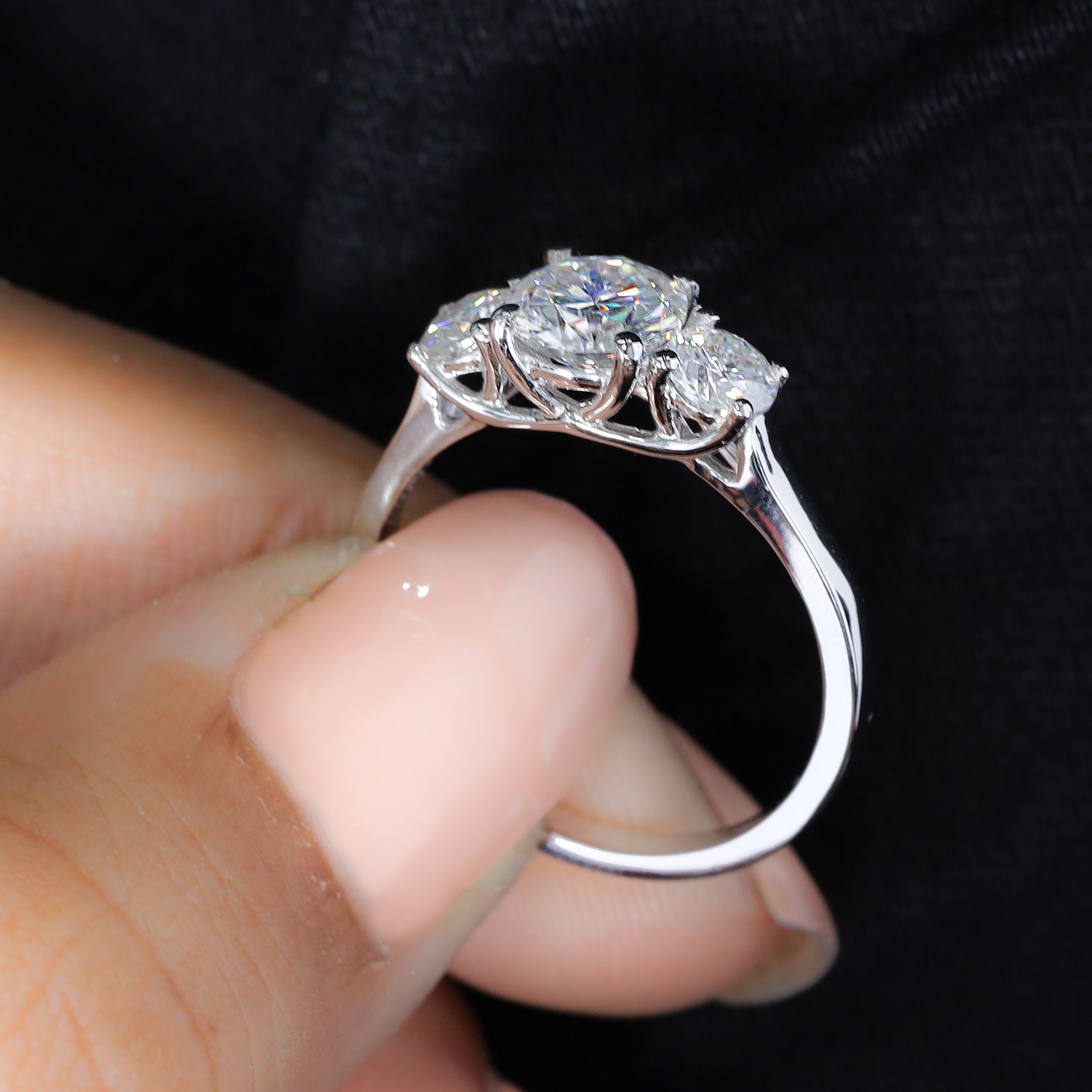 14K Gold Round Three Stone Engagement Ring