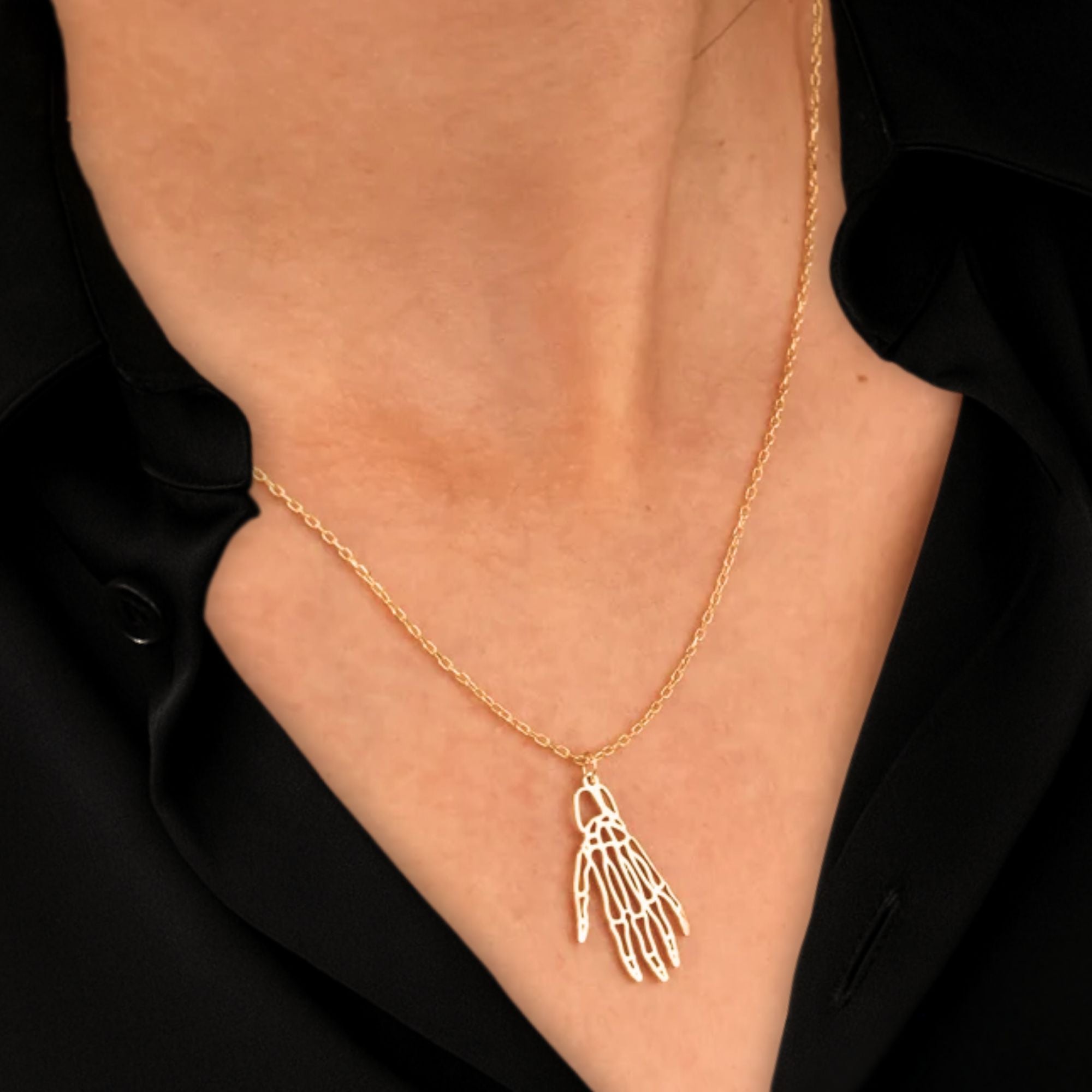14K Gold Skeleton Necklace Hand Signs Halloween Jewelry