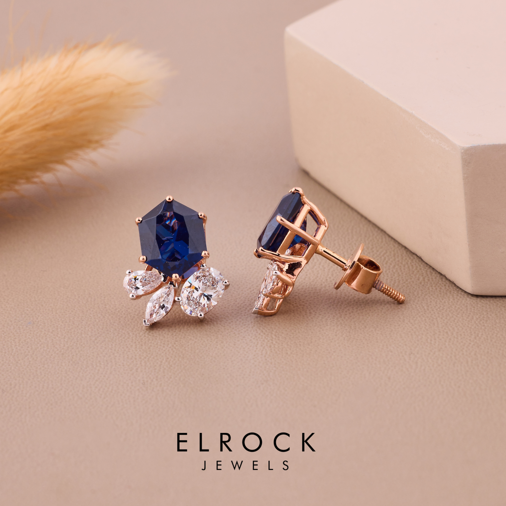 Hexagon Cut  Birthstone Blue Sapphire Earrings 