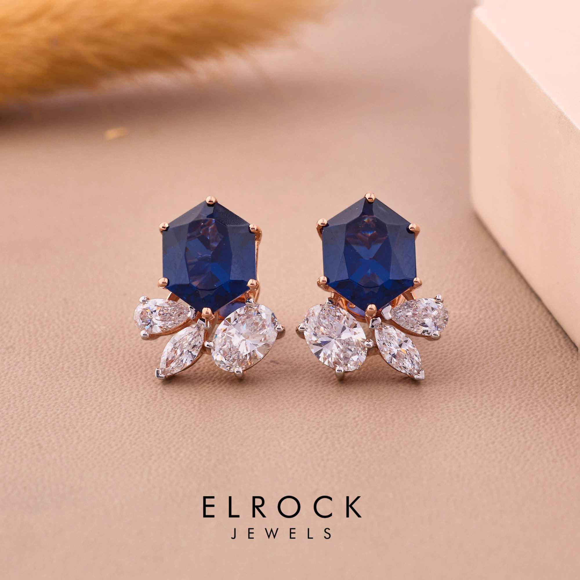 Hexagon Cut  Birthstone Blue Sapphire Earrings 