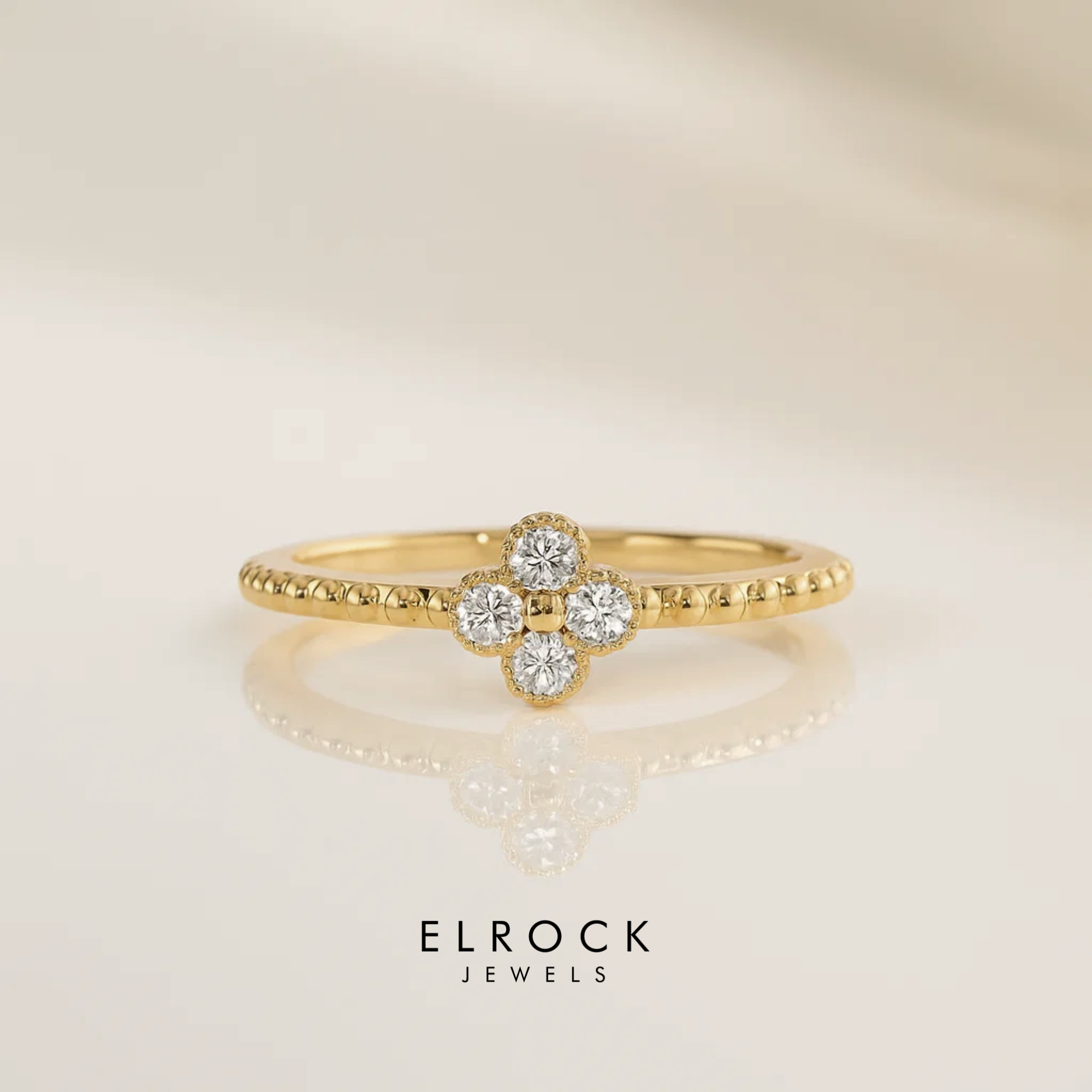 14k Gold Diamond Clover Ring, Minimalist Simple Stacking Ring / Petite Dainty Diamond Ring