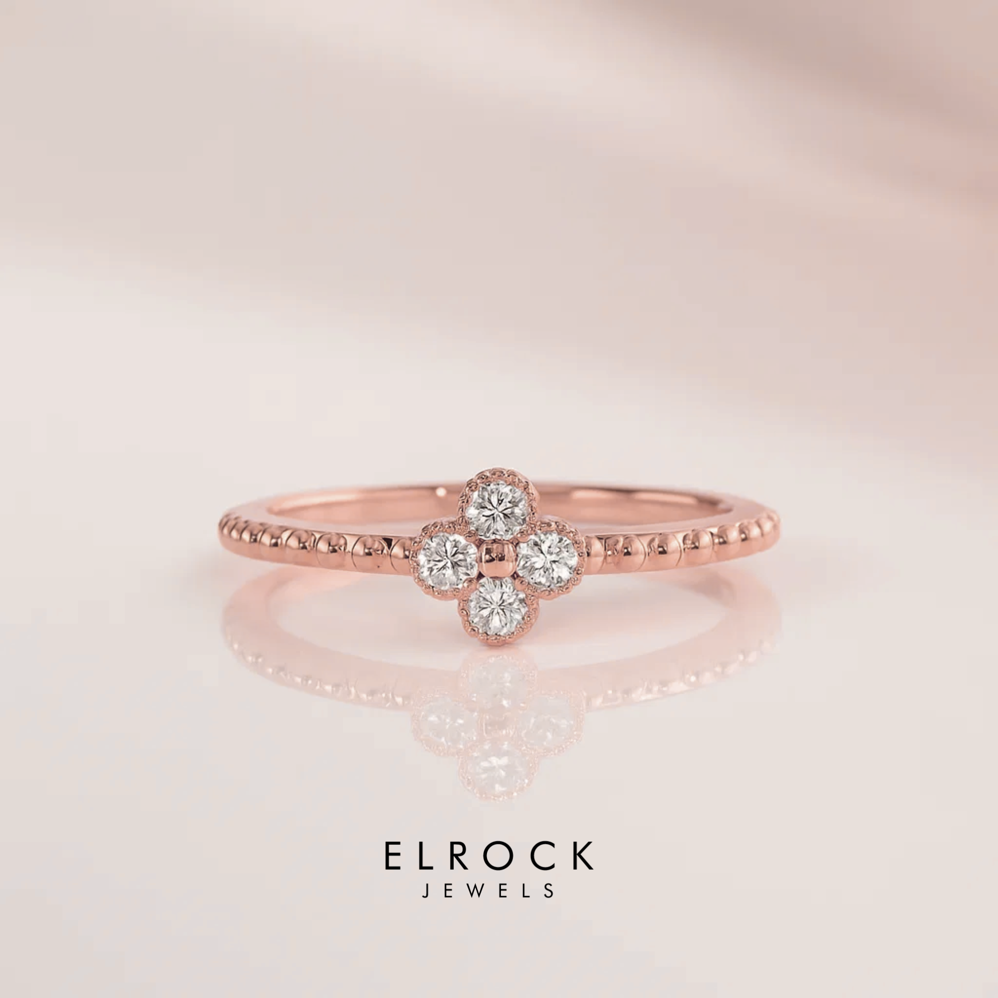 14k Gold Diamond Clover Ring, Minimalist Simple Stacking Ring / Petite Dainty Diamond Ring
