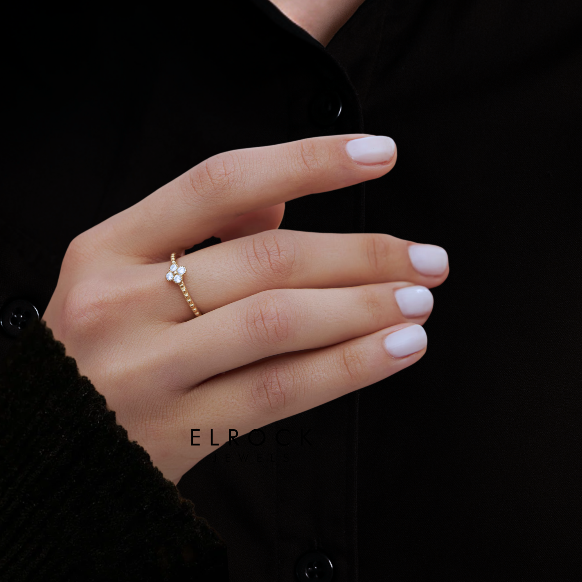 14k Gold Diamond Clover Ring, Minimalist Simple Stacking Ring / Petite Dainty Diamond Ring