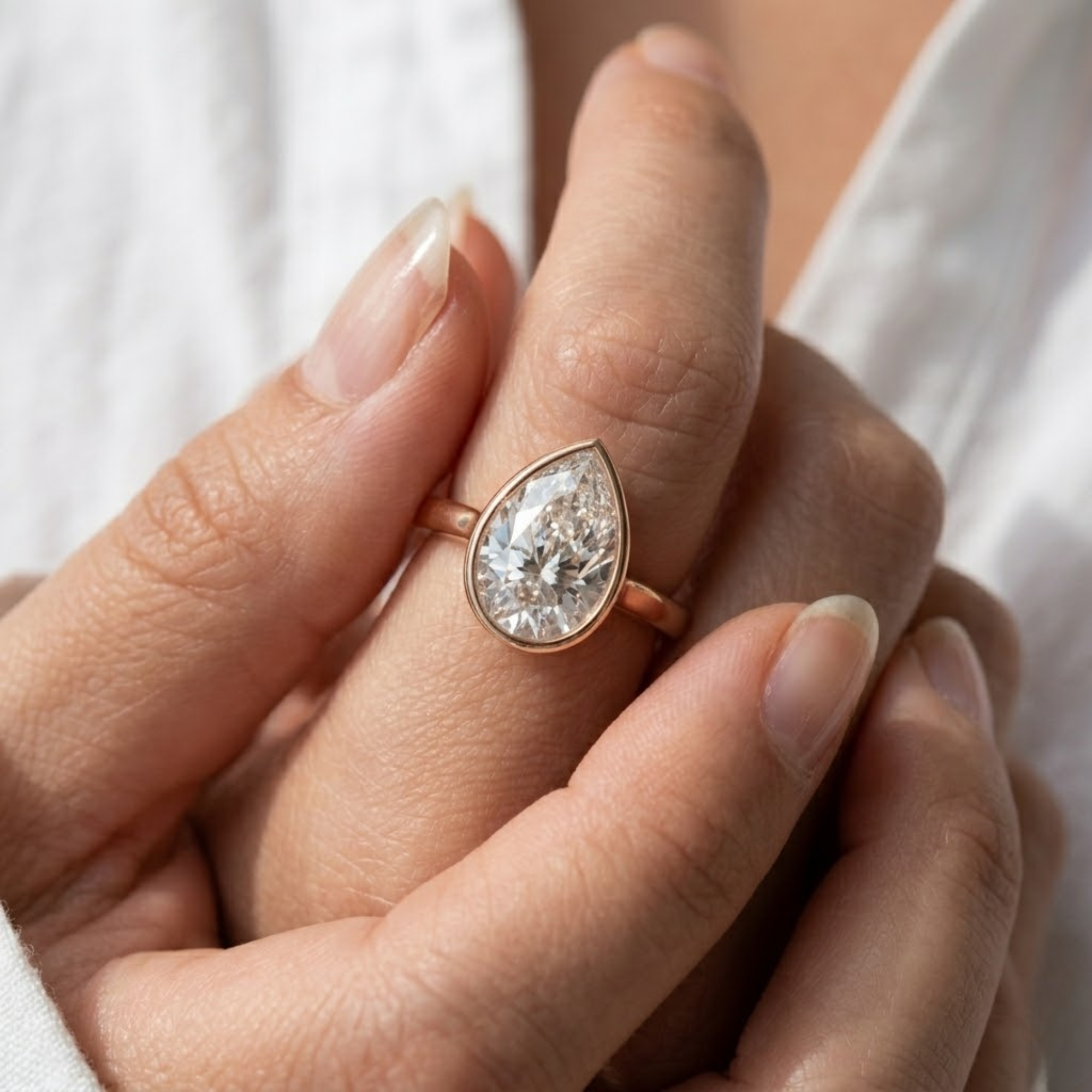 14K Gold 4.00ct Pear Cut Ring Bezel Setting Solitaire Engagement Ring