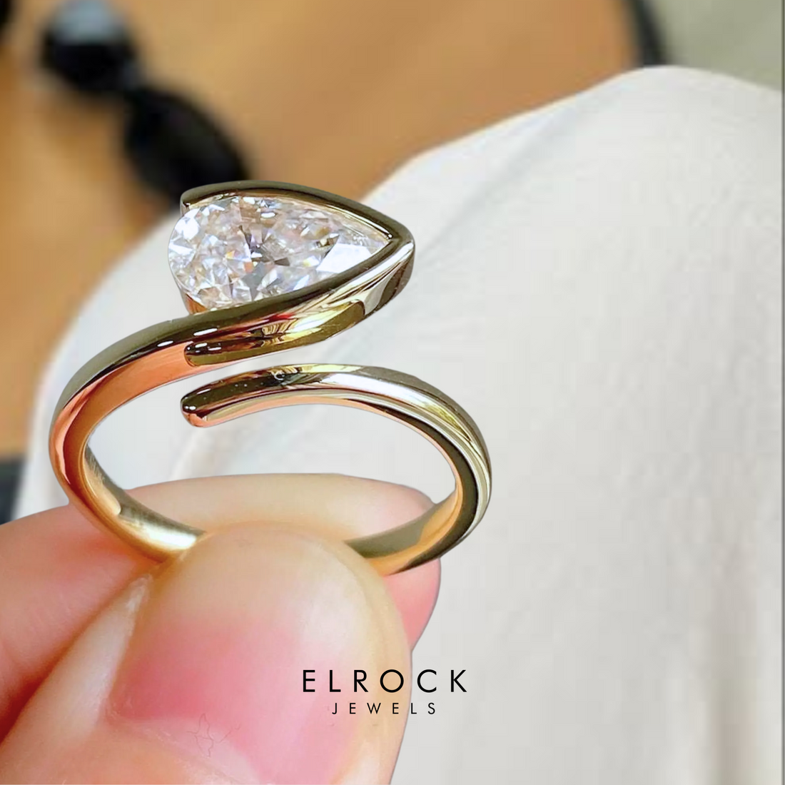 2.0 Ct East West Pear Cut Lab Grown Engagement Ring, Half Bezel Set Ring with Curved Antique Band