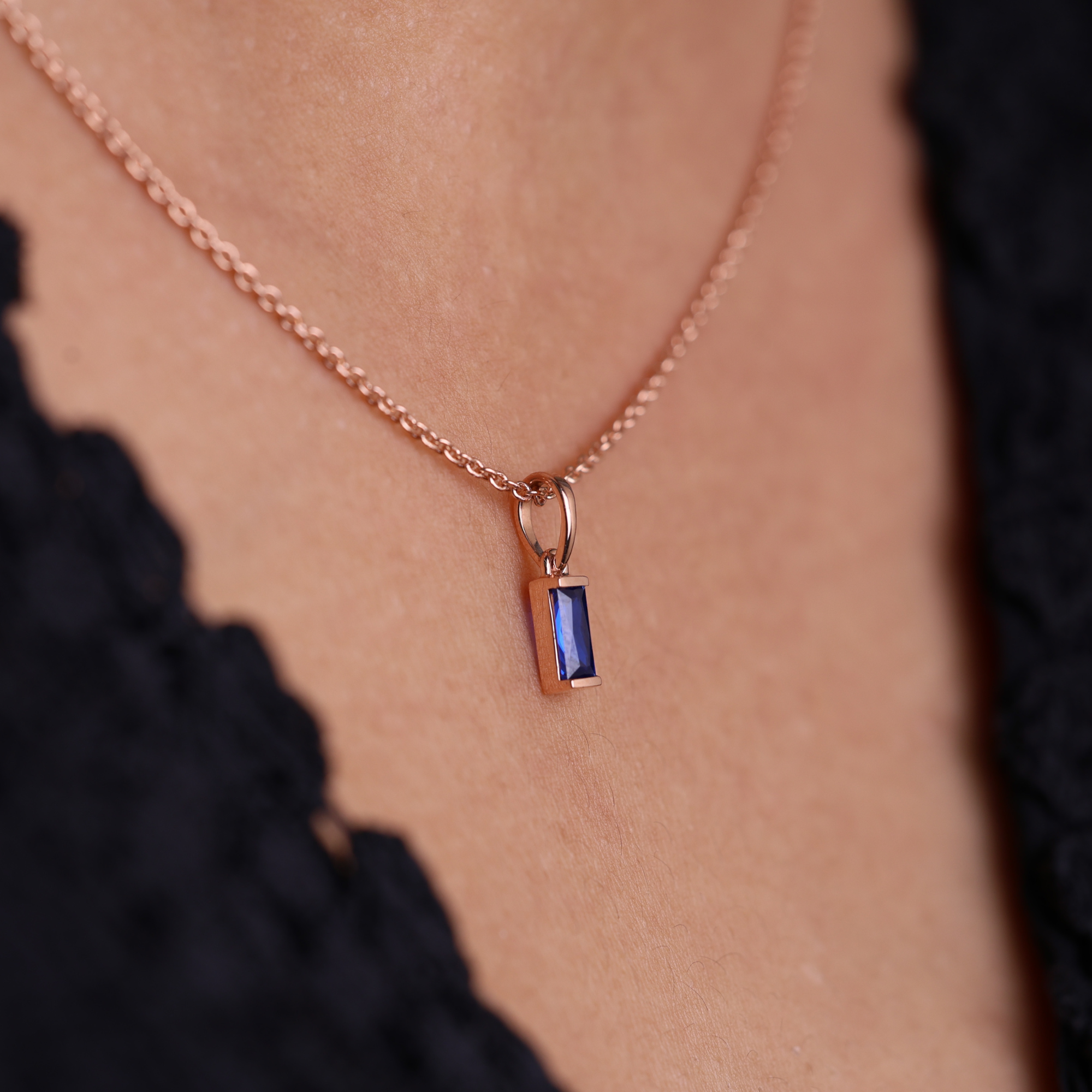 14K Blue Sapphire Pendant Solid Gold Baguette Sapphire Necklace