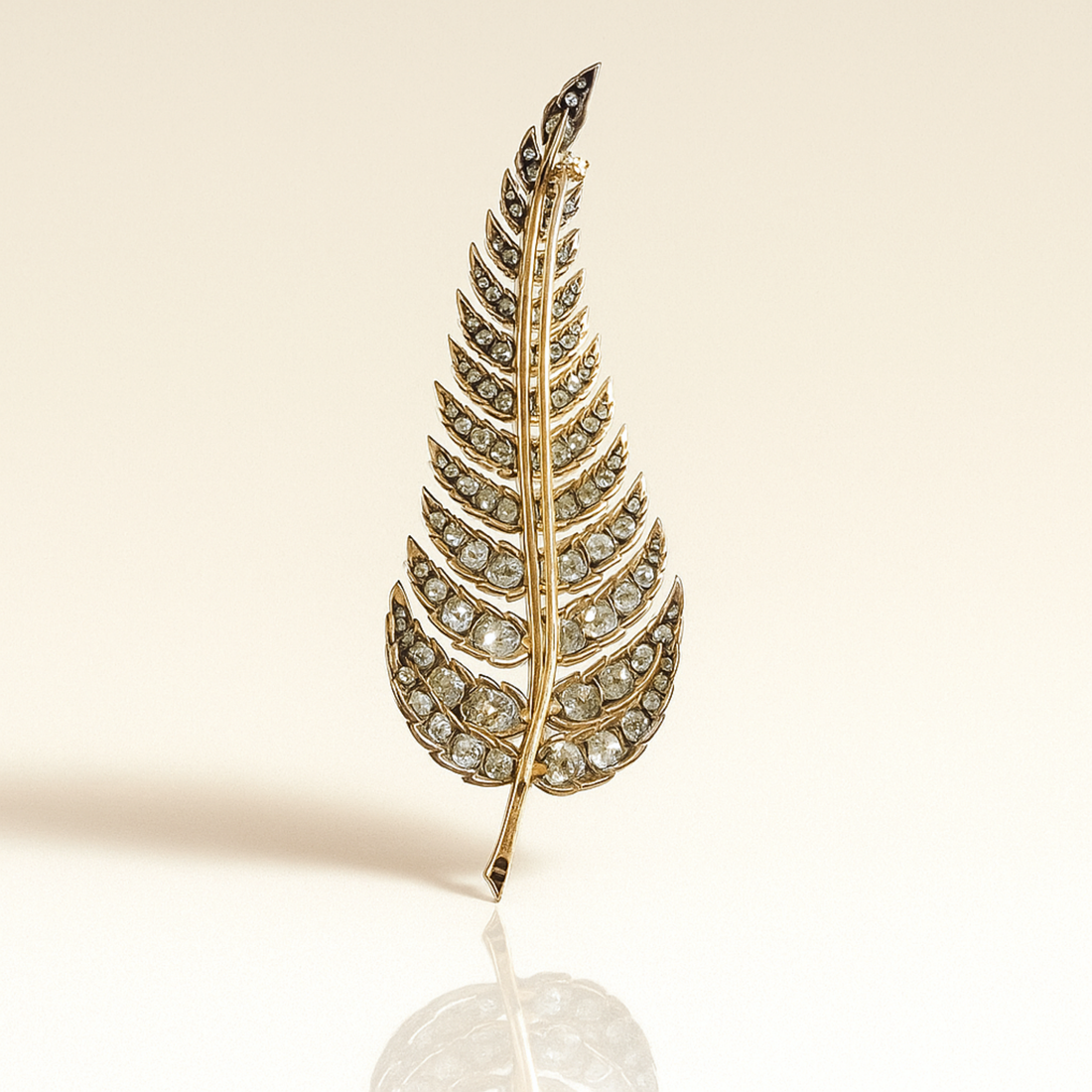 14K Vintage Feather Brooch, Lapel Pin for Him, Salt Pepper Pave Gray Diamonds