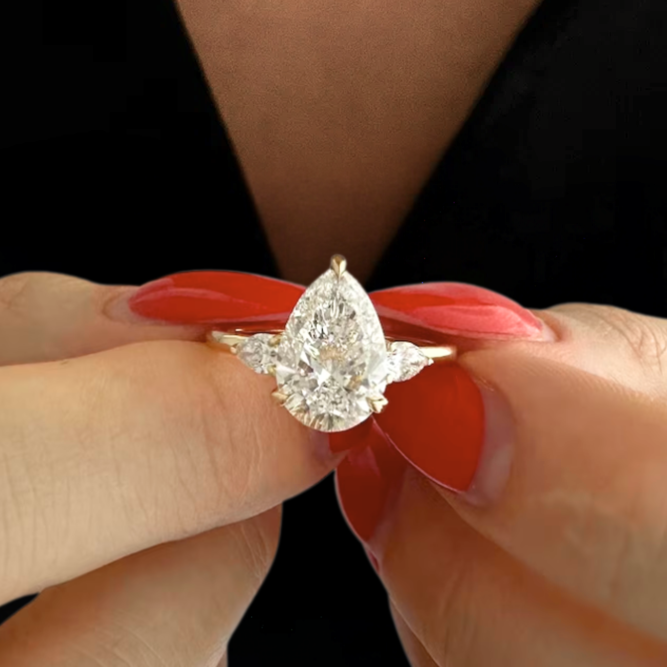 14K Gold Pear Shaped Three Stone Engagement Ring