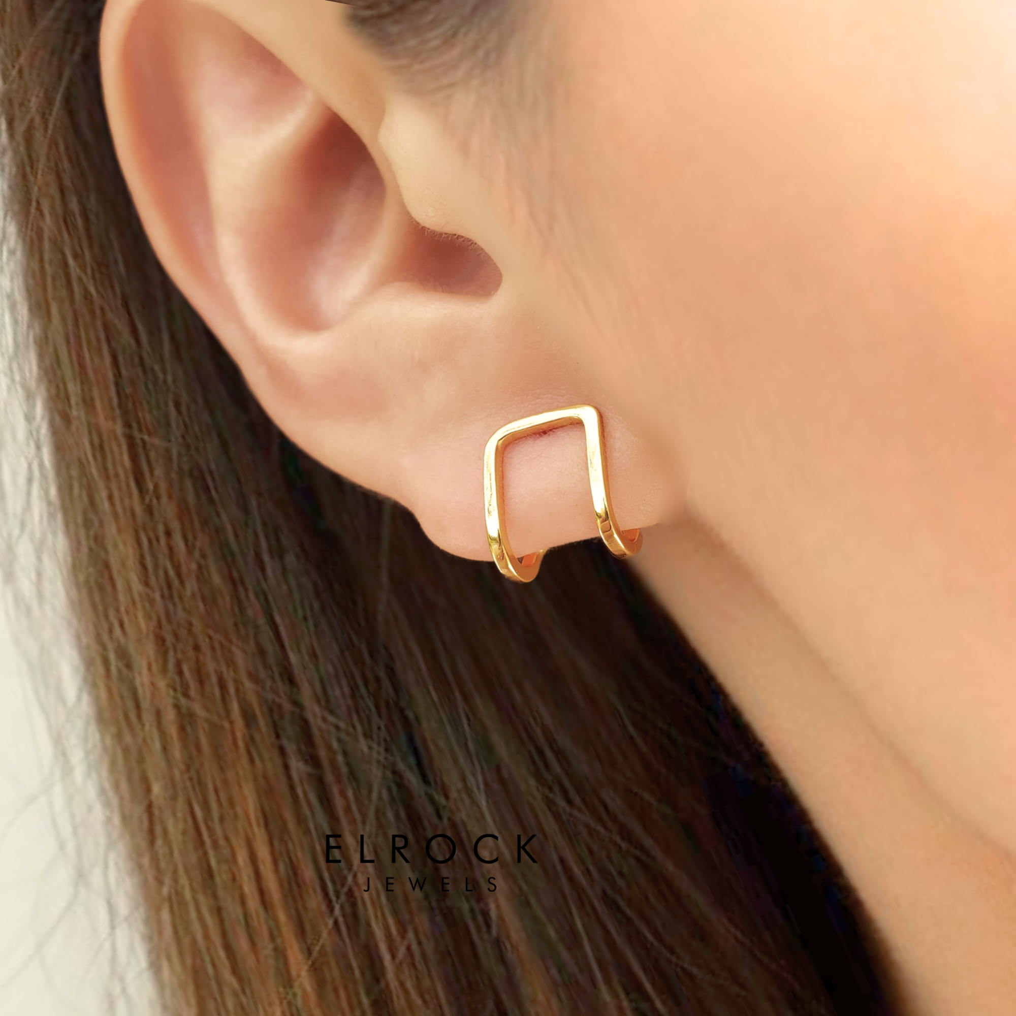 14K Gold Huggie Square Jacket Earrings