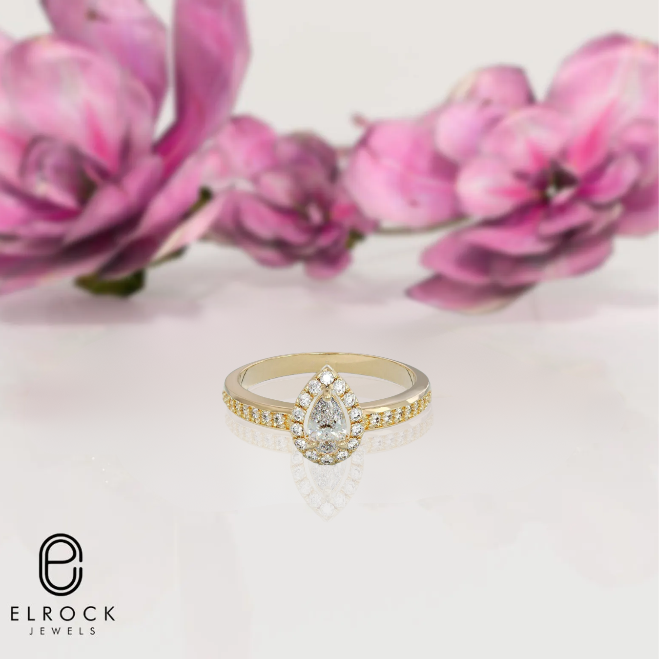14K Solid Gold Diamond Unique Pear Halo Accent Solitaire Engagement Ring