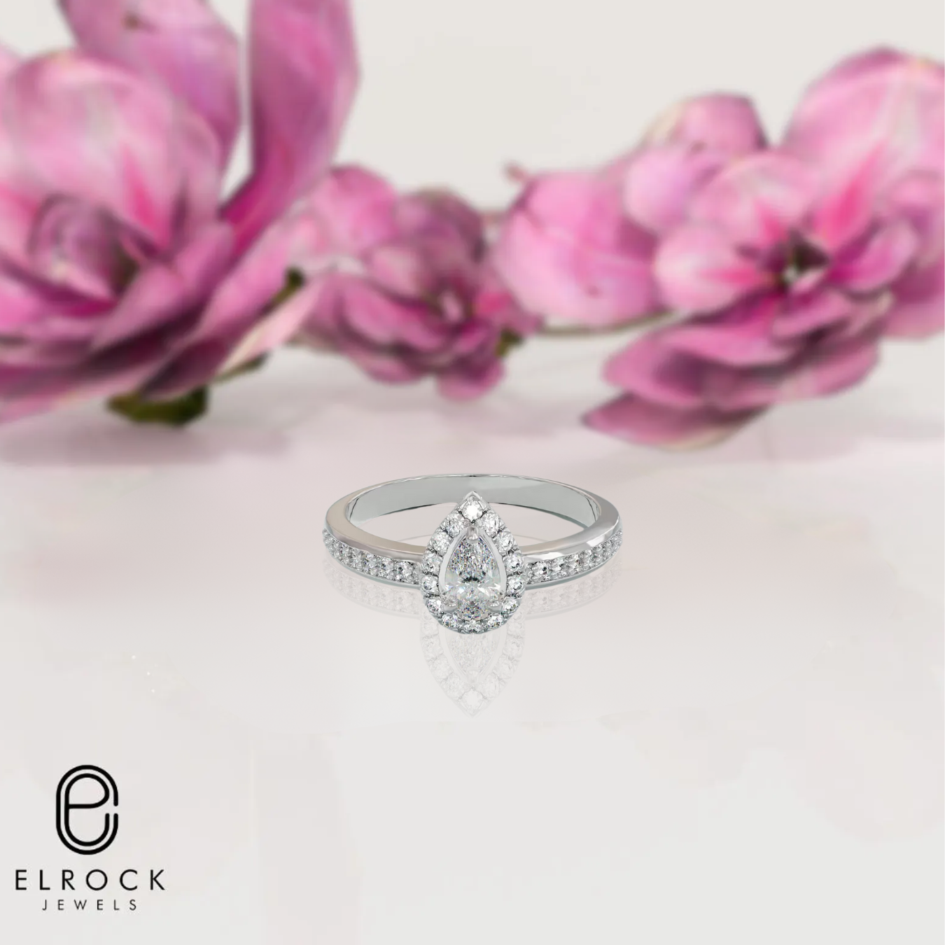 14K Solid Gold Diamond Unique Pear Halo Accent Solitaire Engagement Ring