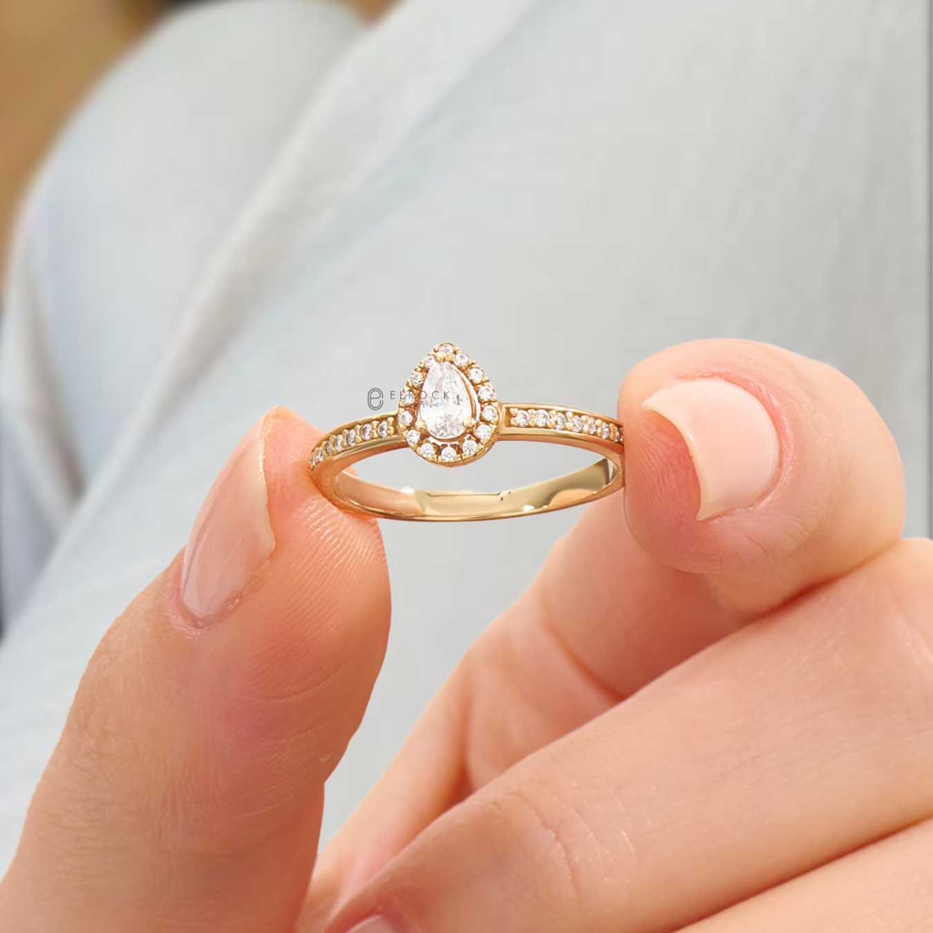 14K Solid Gold Diamond Unique Pear Halo Accent Solitaire Engagement Ring