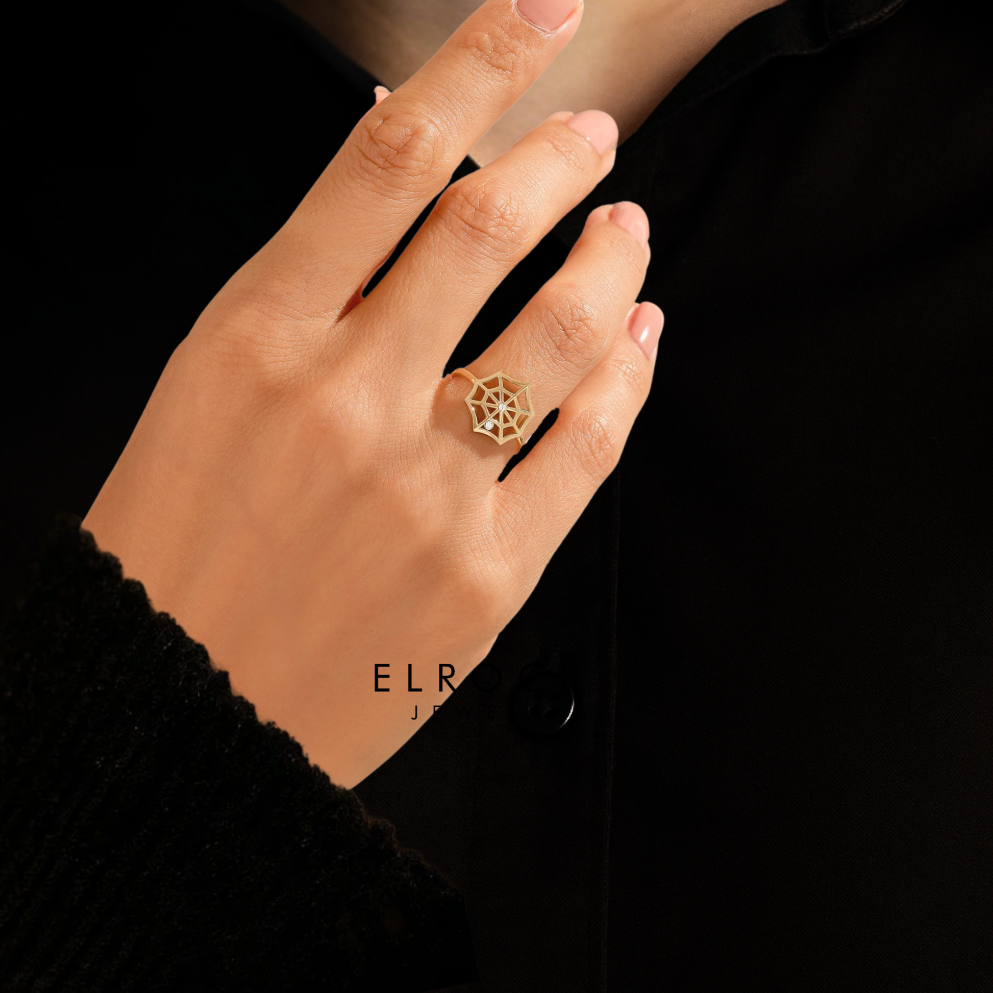 14K Diamond Spider Web Ring, Womens Solid Gold Unique Statement Ring in Yellow Rose White