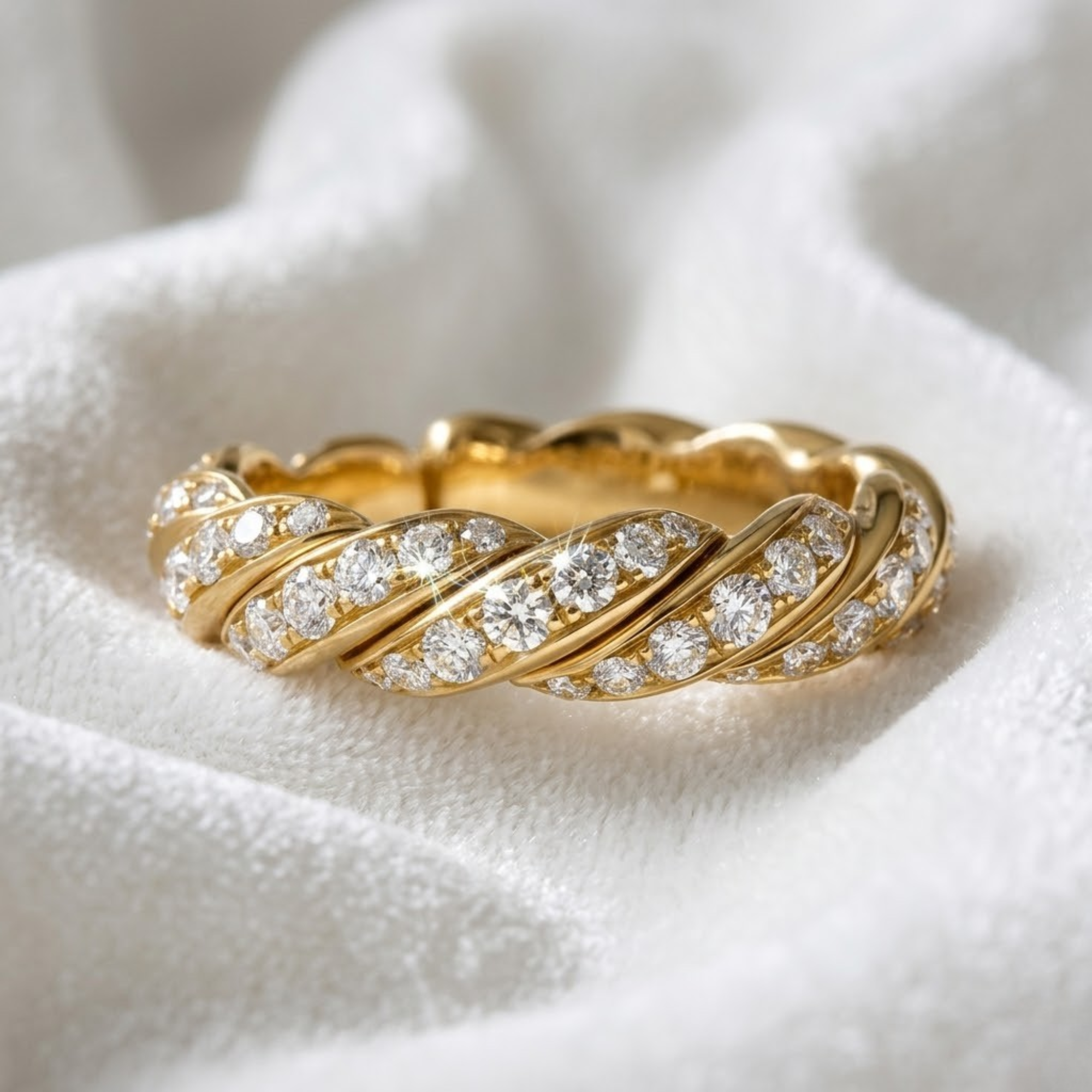 14K Solid Gold Round Diamond Paved Twisted Eternity Ring