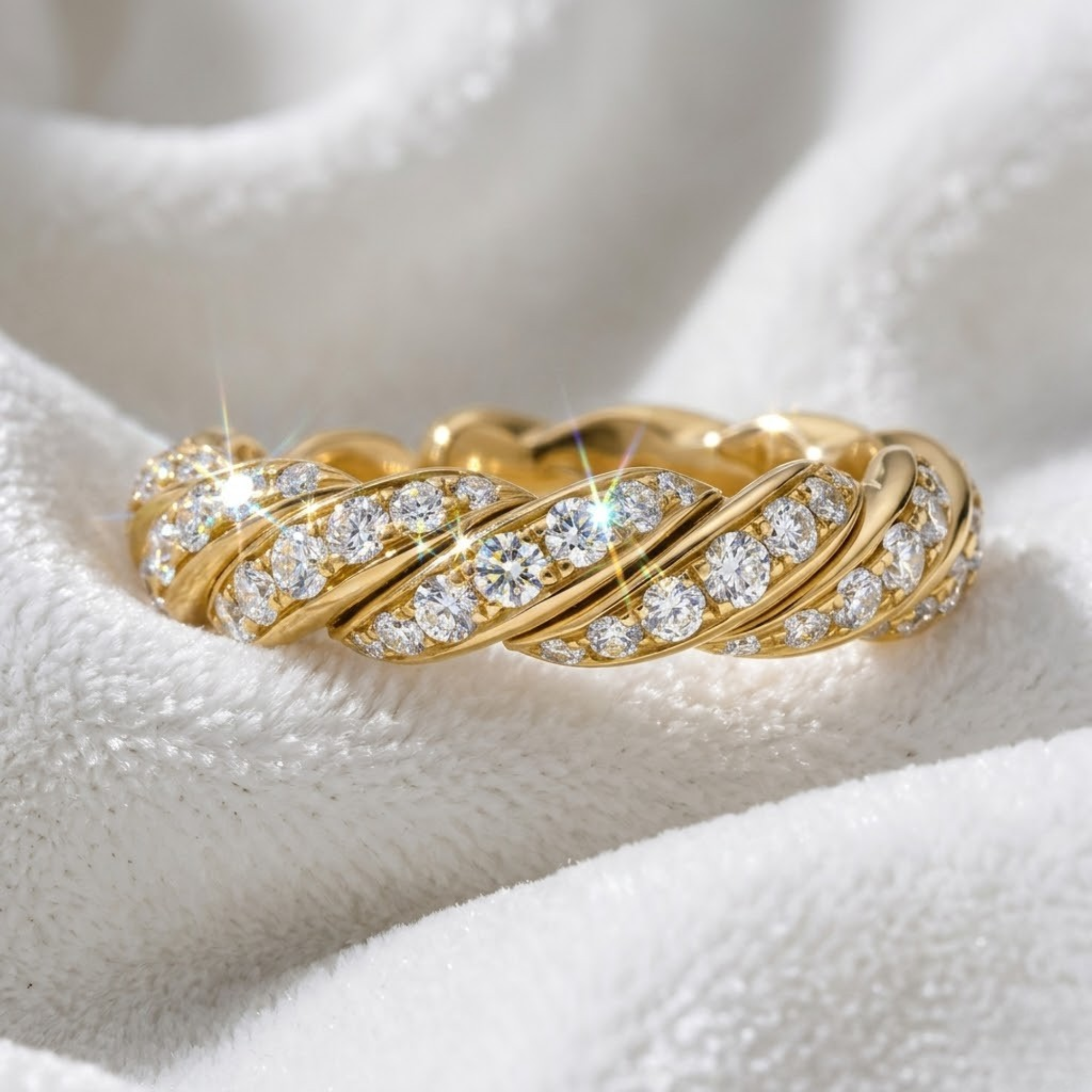14K Solid Gold Round Diamond Paved Twisted Eternity Ring