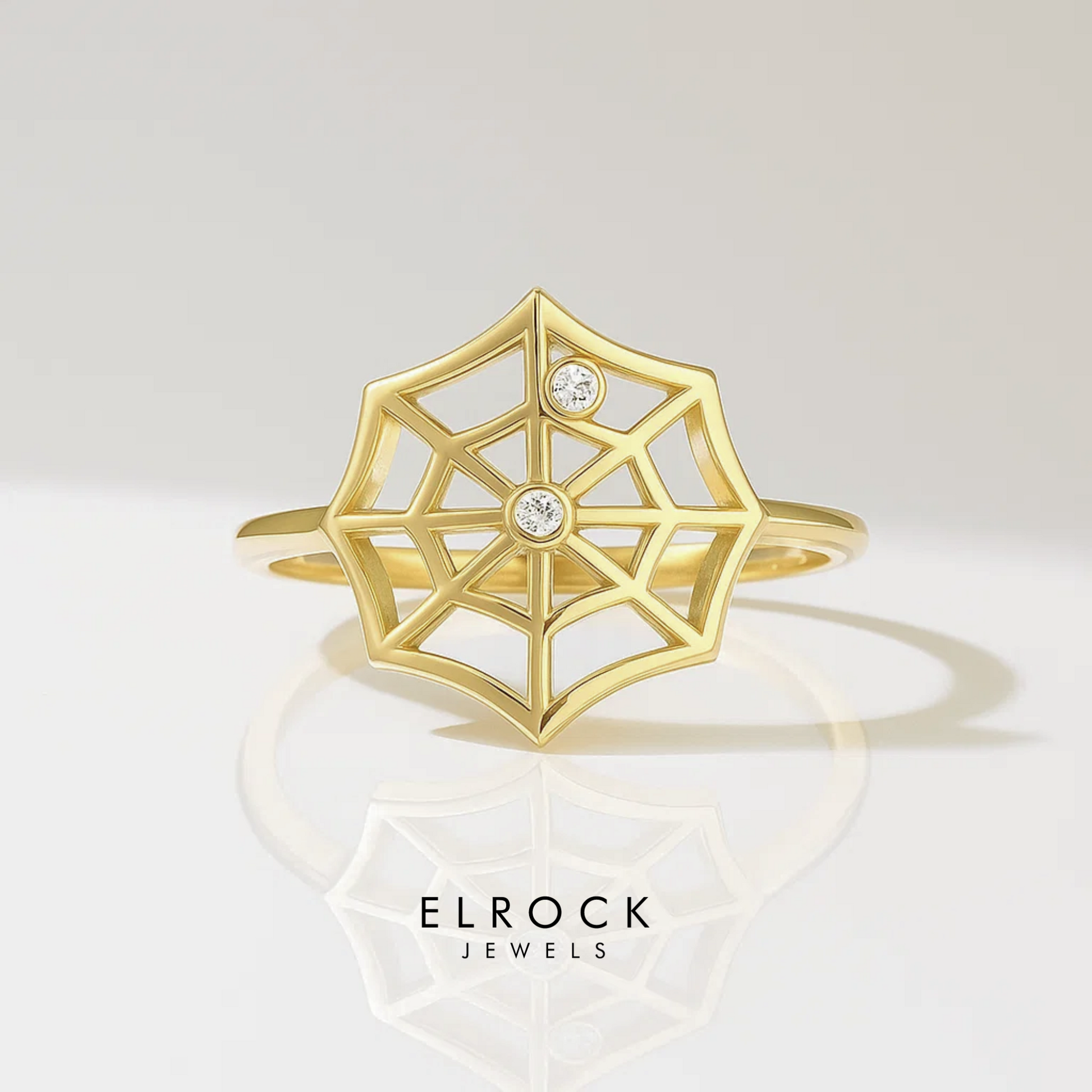14K Diamond Spider Web Ring, Womens Solid Gold Unique Statement Ring in Yellow Rose White