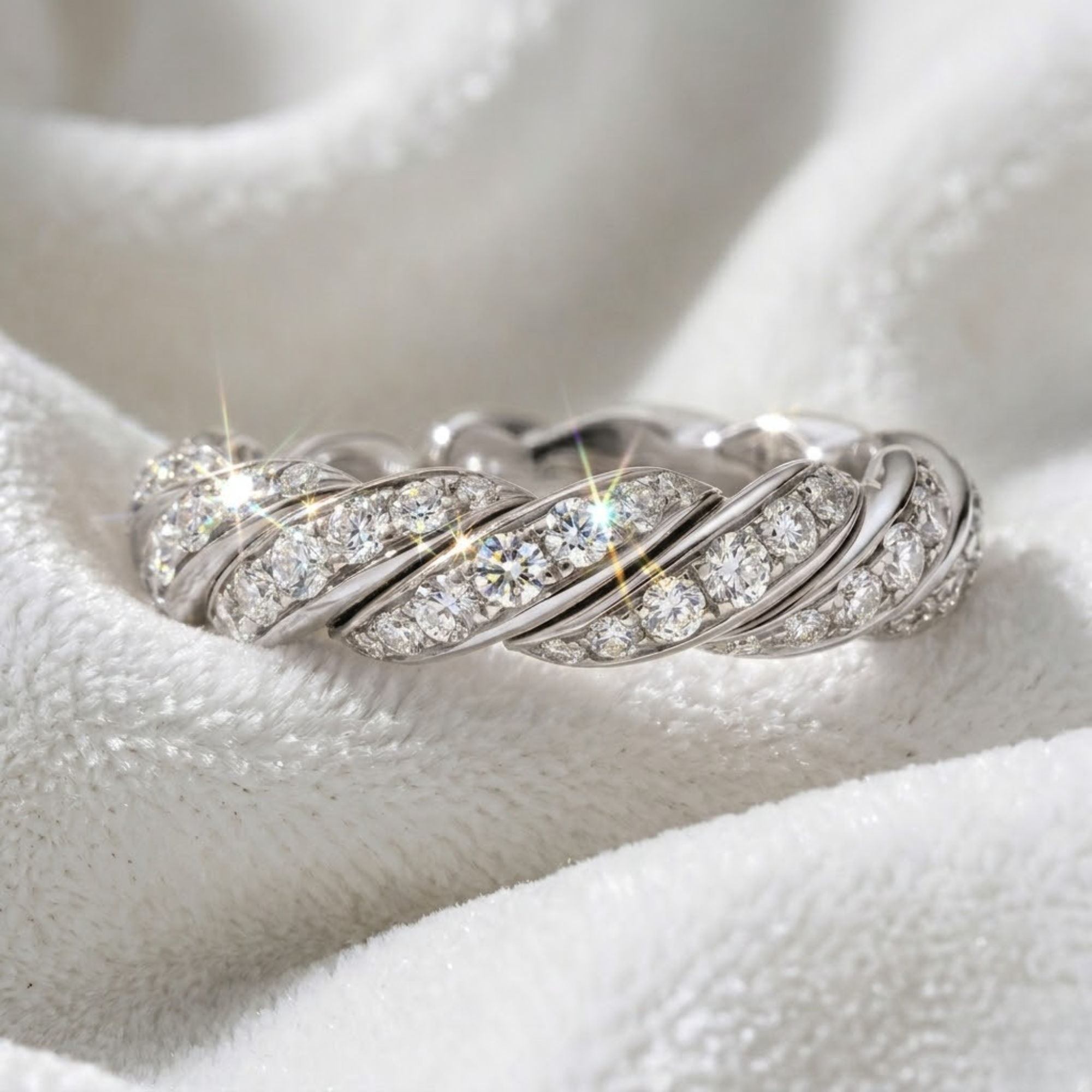 14K Solid Gold Round Diamond Paved Twisted Eternity Ring