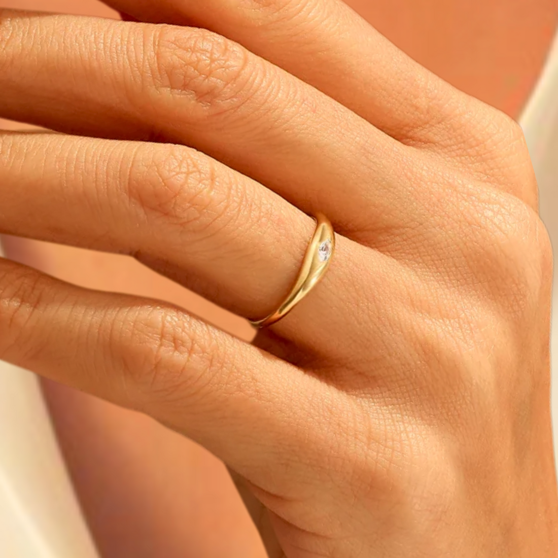 14K Marquise Signet Ring, Solid Gold Bezel Lab Diamond Ring, Womens Tiny Dome Ring