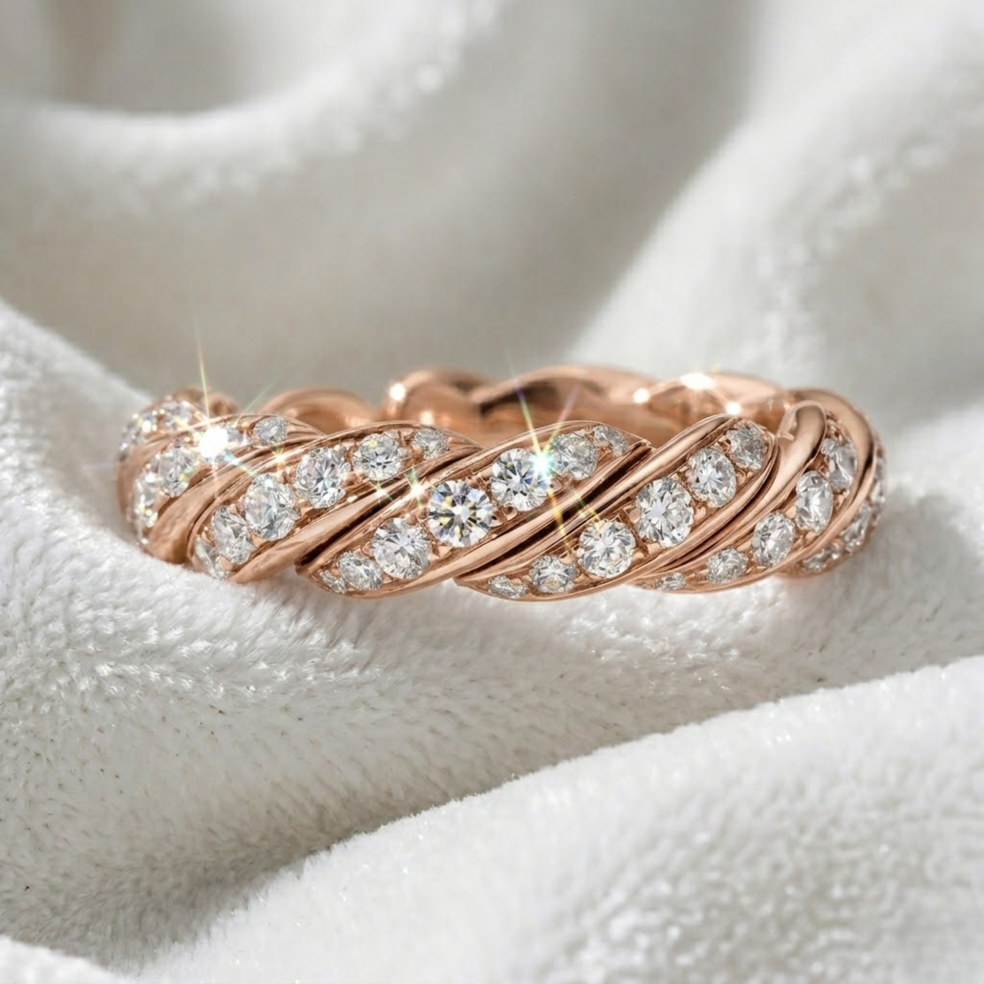 14K Solid Gold Round Diamond Paved Twisted Eternity Ring