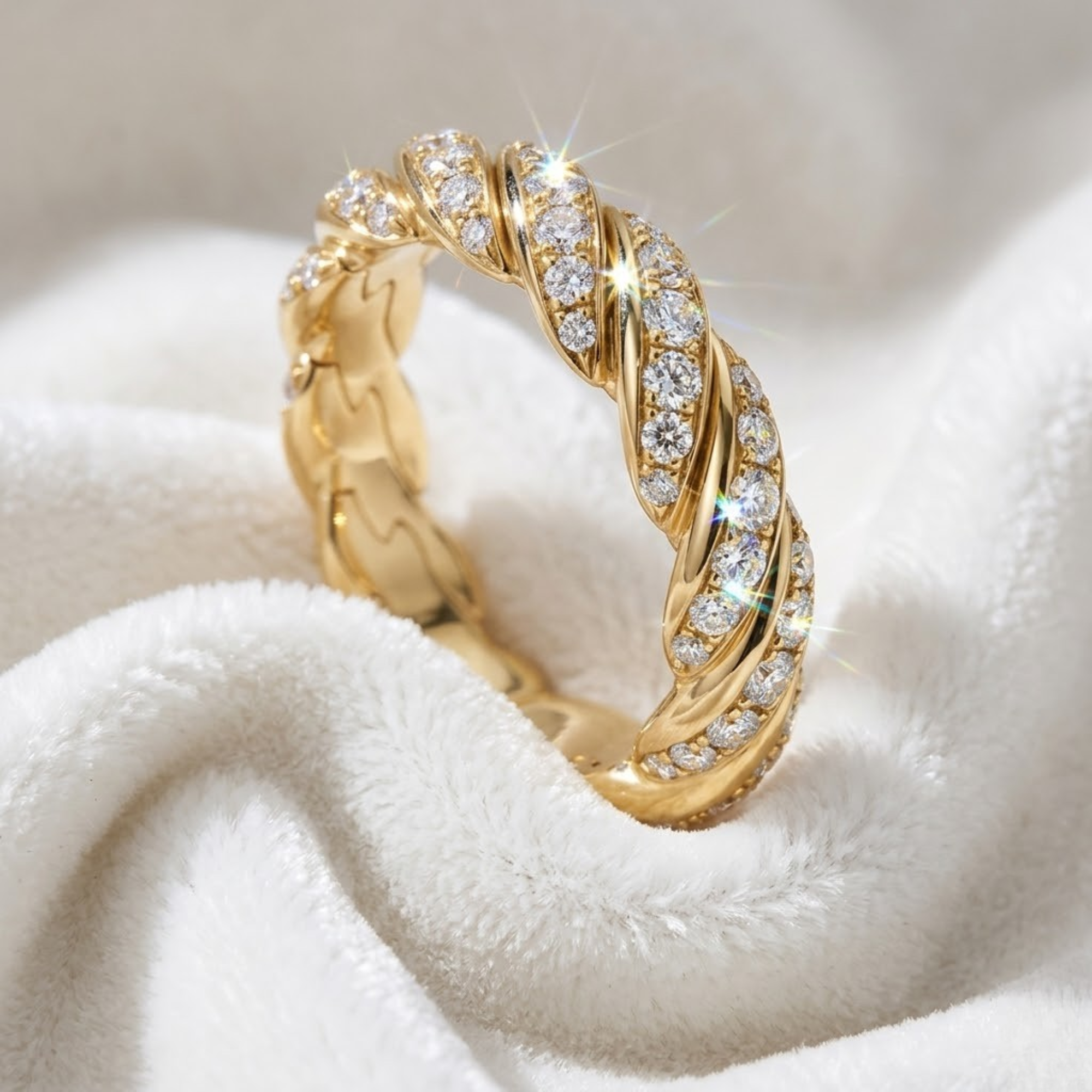 14K Solid Gold Round Diamond Paved Twisted Eternity Ring