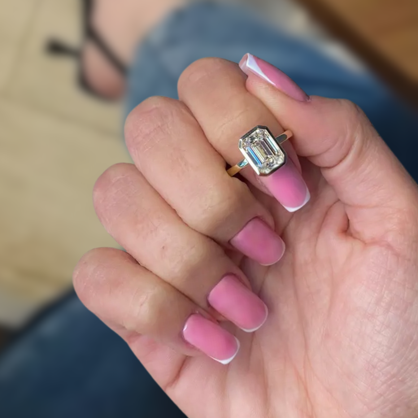 14K Gold 3 Carat Emerald Cut Lab Grown Diamond Bezel Set Ring