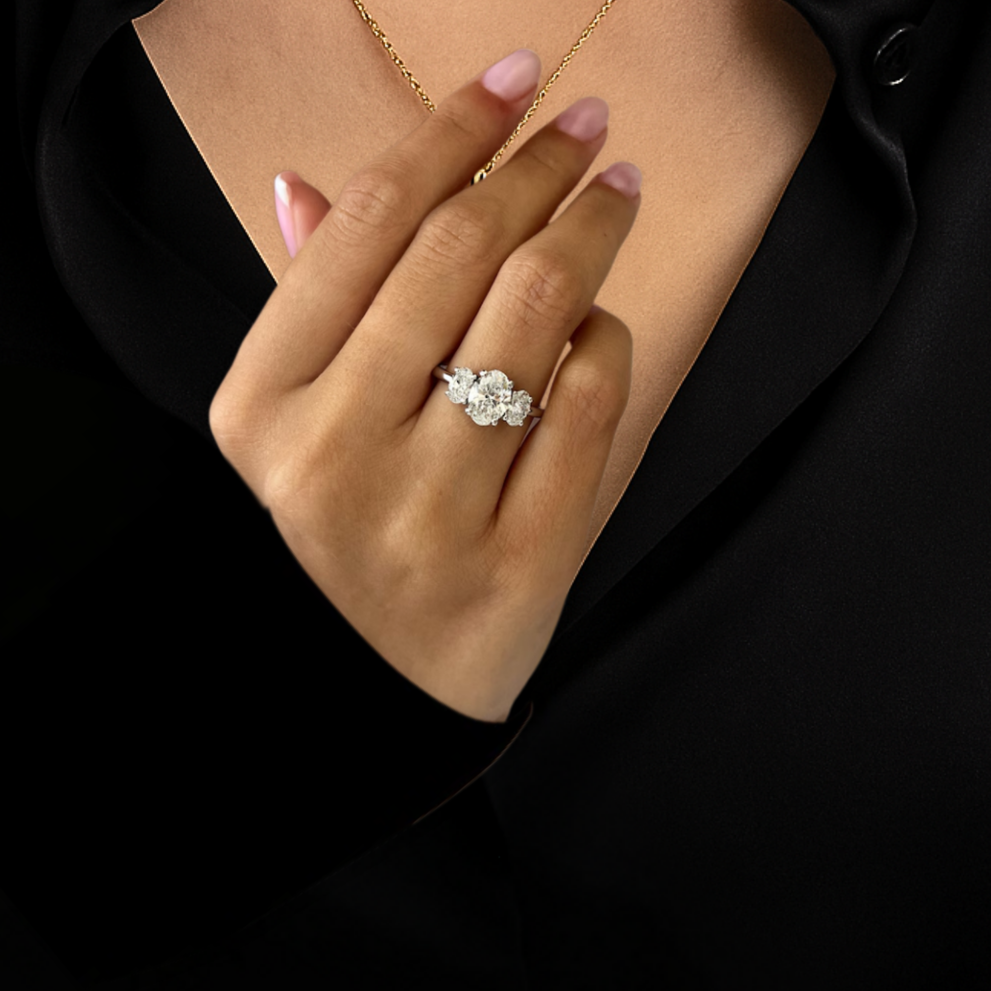 14K Gold Oval Shape Lab Grown Diamond Three Stone Engagement Ring
