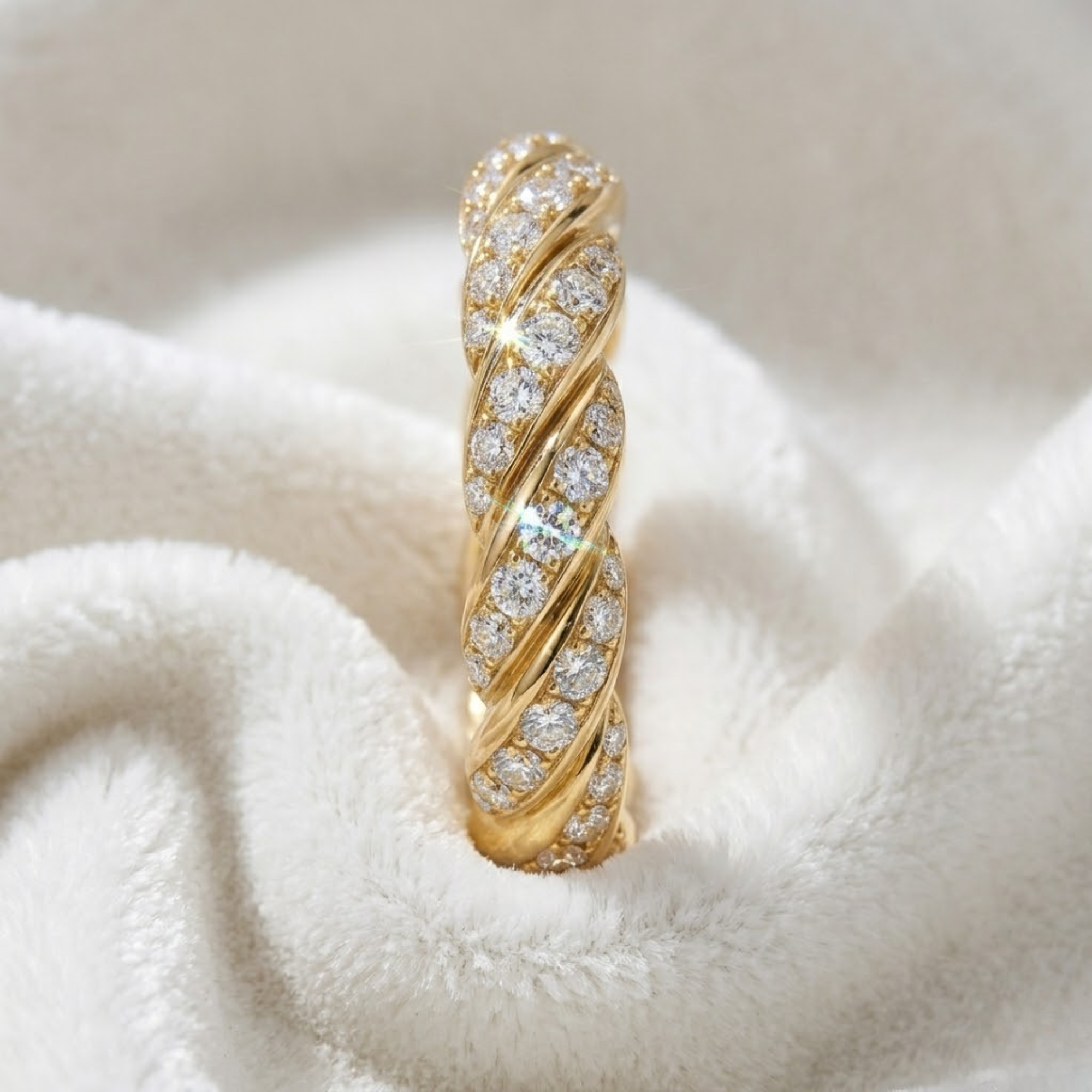 14K Solid Gold Round Diamond Paved Twisted Eternity Ring