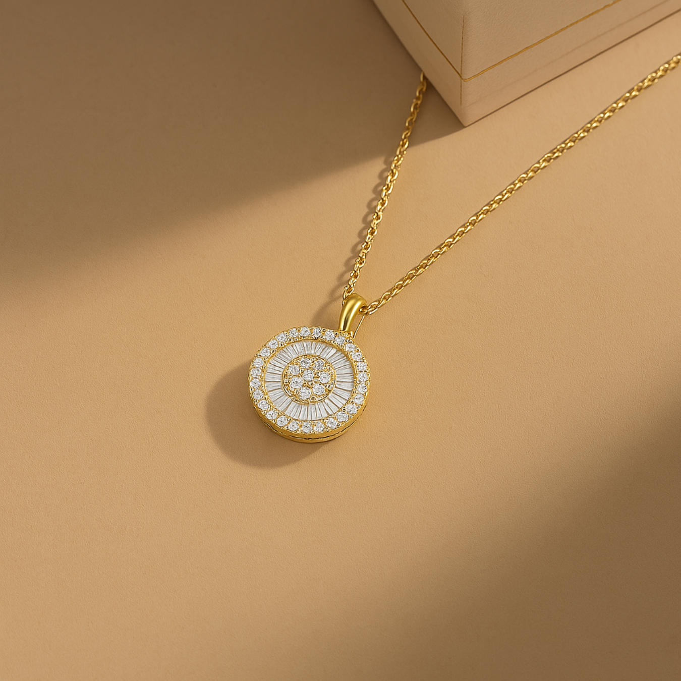 14K Gold Baguette Diamond Disc Cluster Necklace / Baguette Diamond Necklace