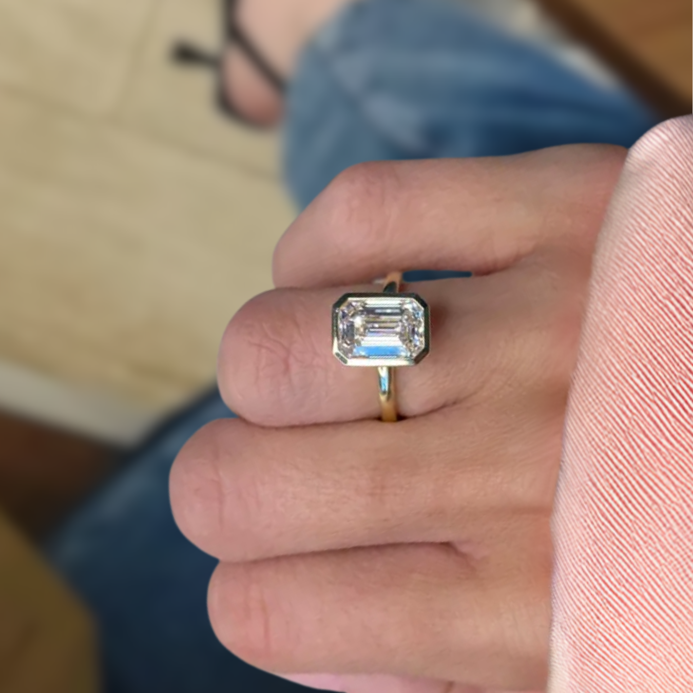 14K Gold 3 Carat Emerald Cut Lab Grown Diamond Bezel Set Ring