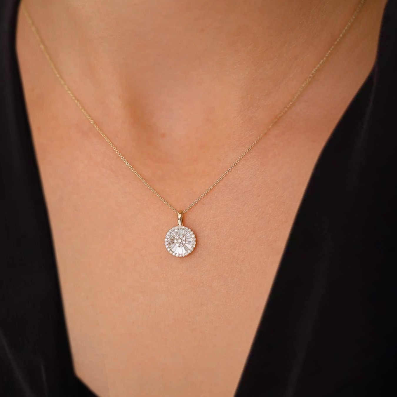 14K Gold Baguette Diamond Disc Cluster Necklace / Baguette Diamond Necklace
