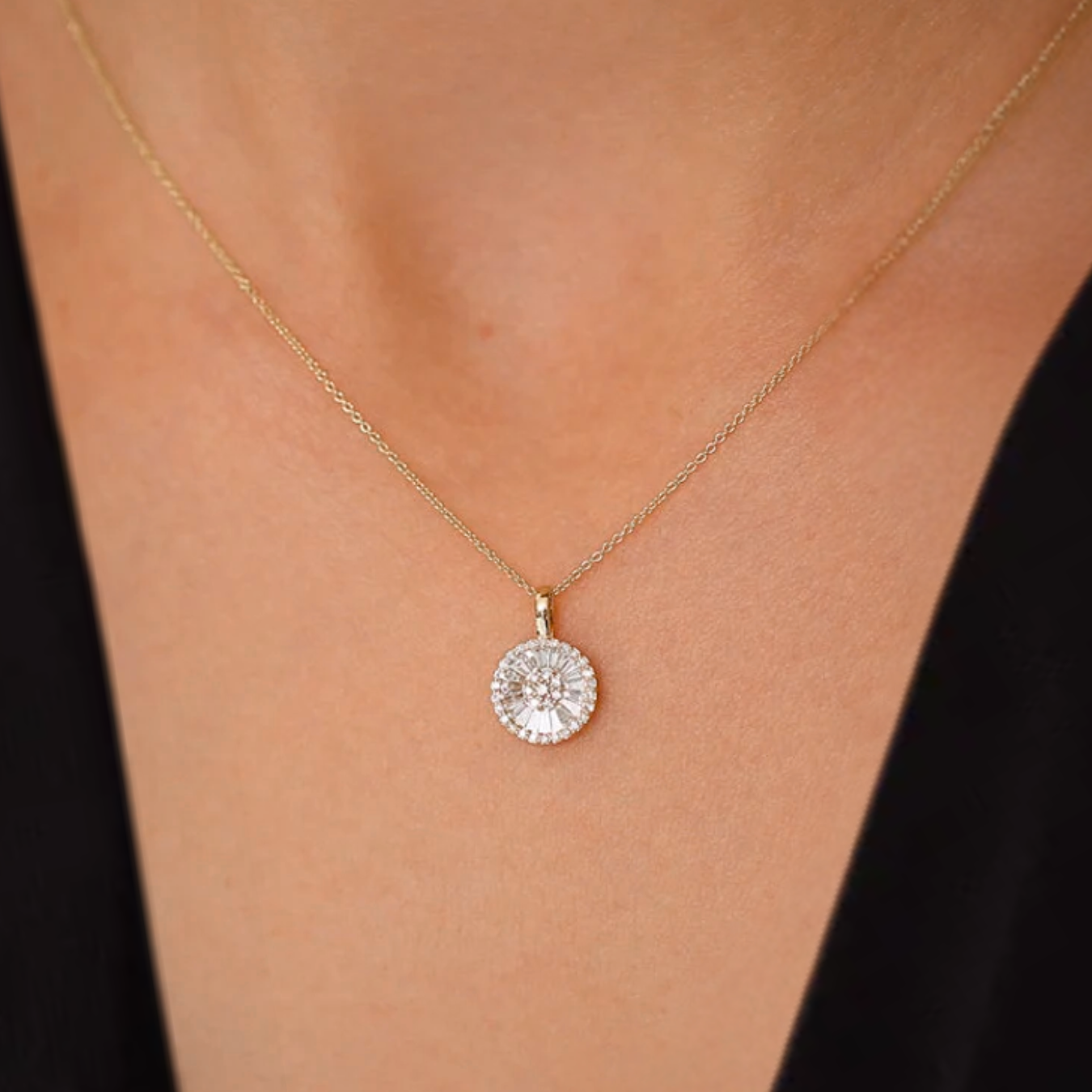 14K Gold Baguette Diamond Disc Cluster Necklace / Baguette Diamond Necklace