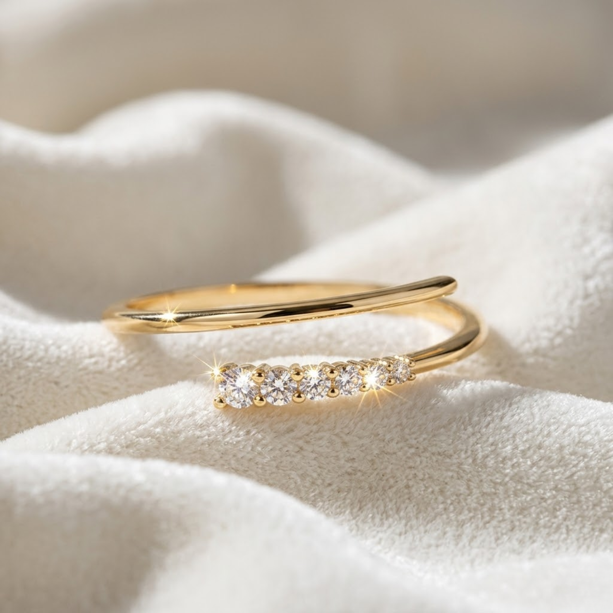14K Solid Gold Spiral Open Ring, Lab Diamond Wrap Around Ring